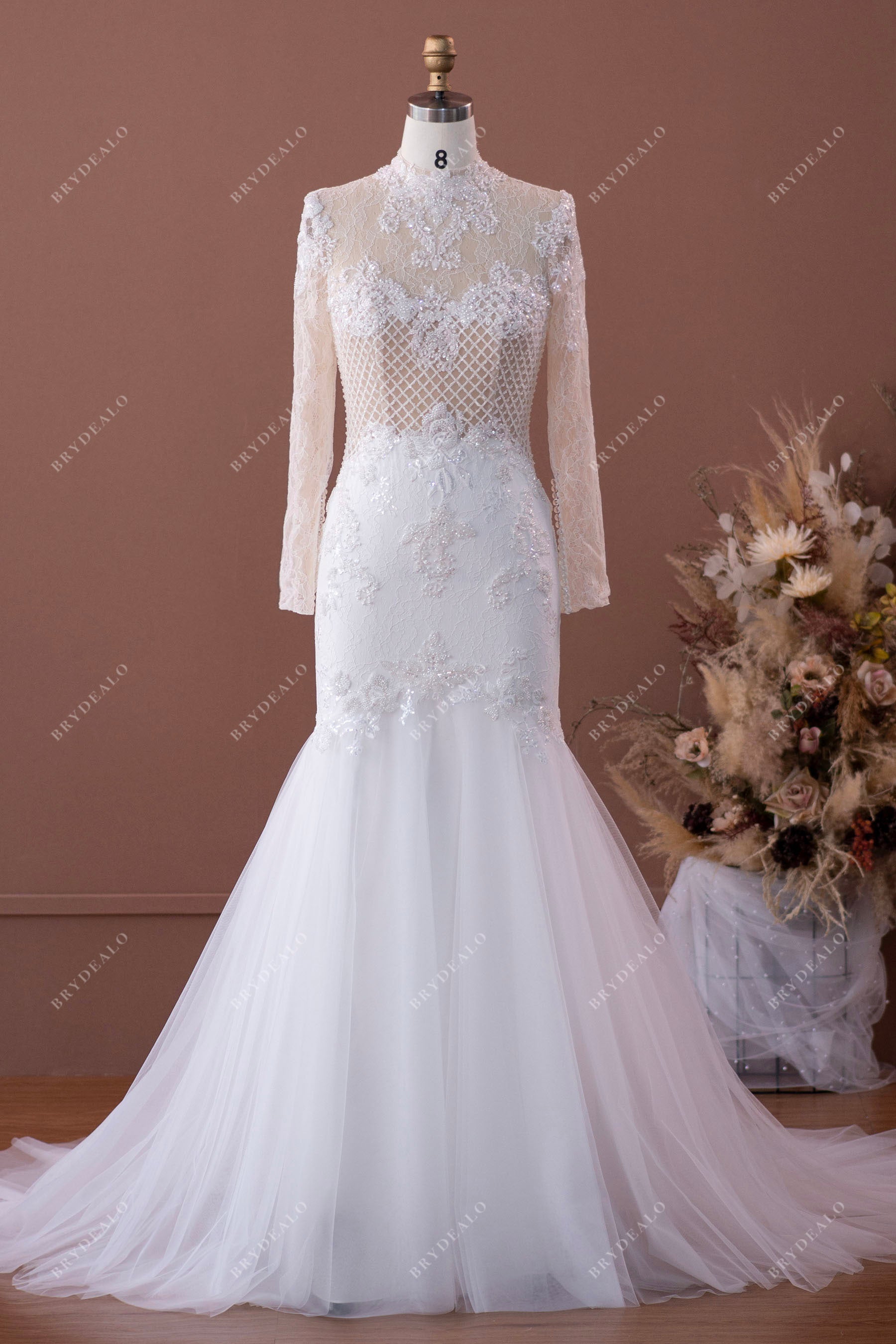 Luxury Illusion High Neck Designer Beaded Lace Wedding Dress Luxury Illusion High Neck Designer Beaded Lace Wedding Dress