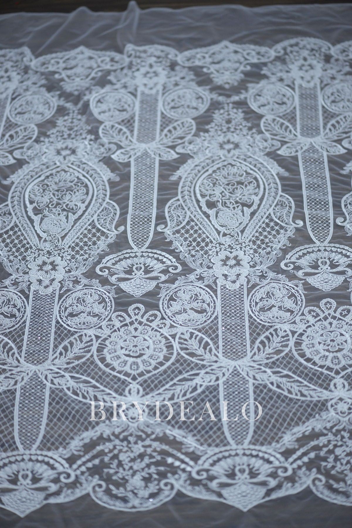 Gothic Abstract Beaded Double Border Bridal Lace Fabric