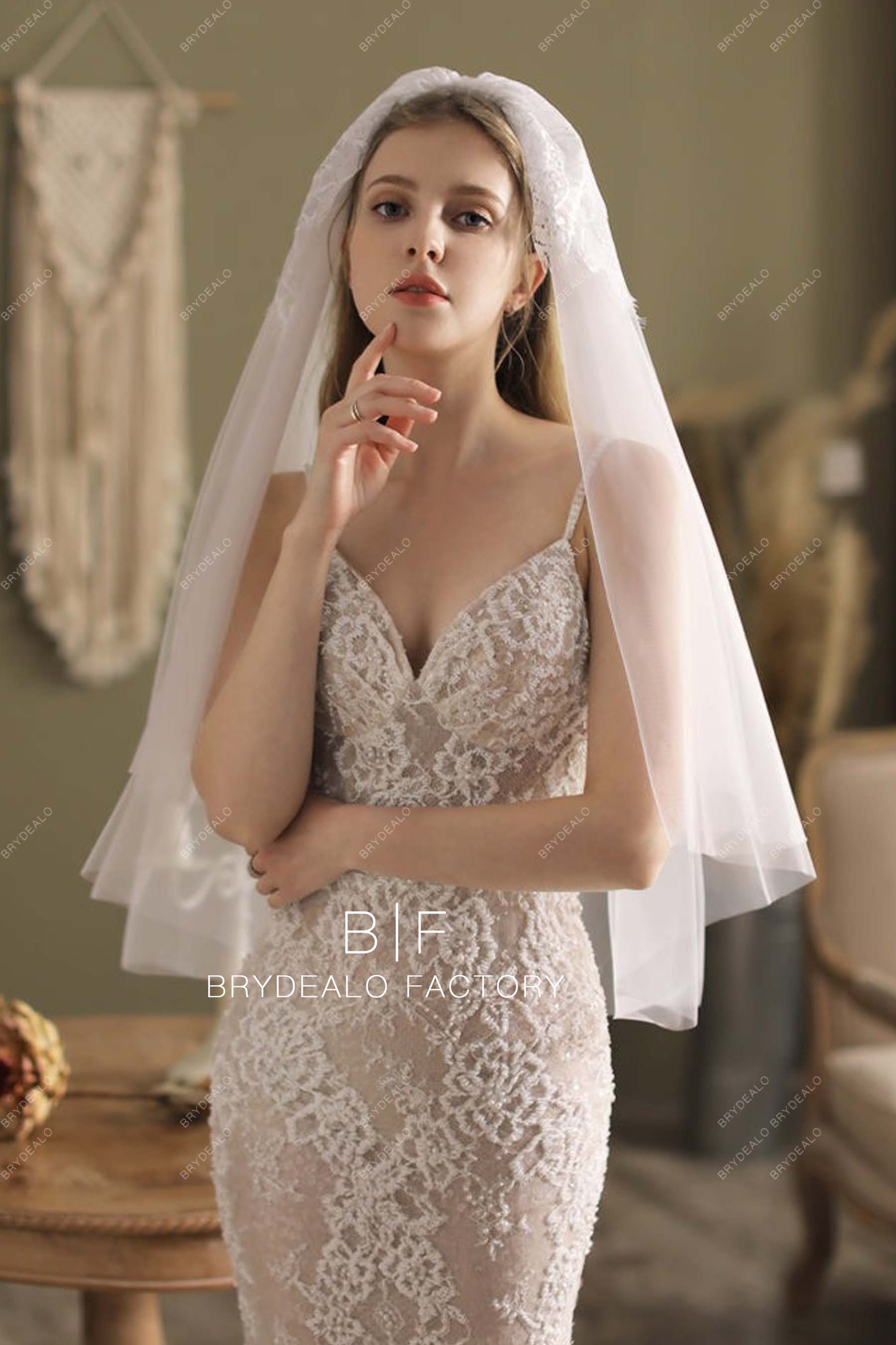 Elbow Length Wedding Veil Lace Adorned Raw Cut Veil