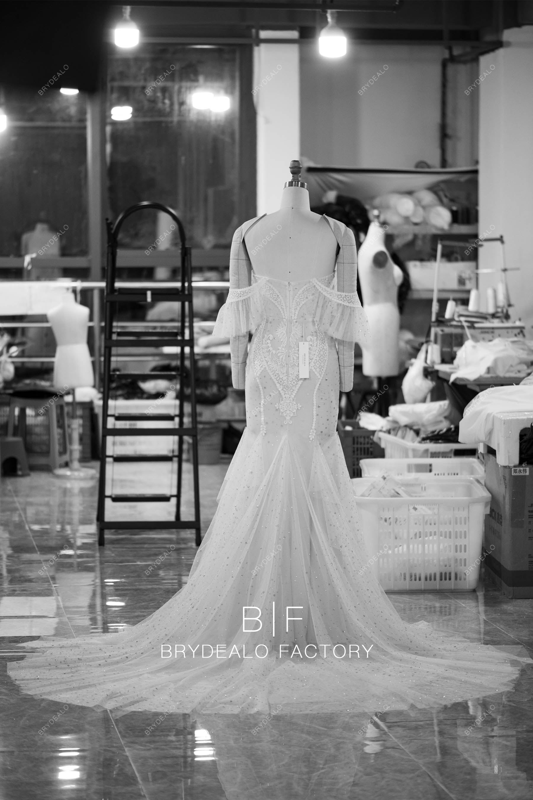 designer long train mermaid boho wedding gown