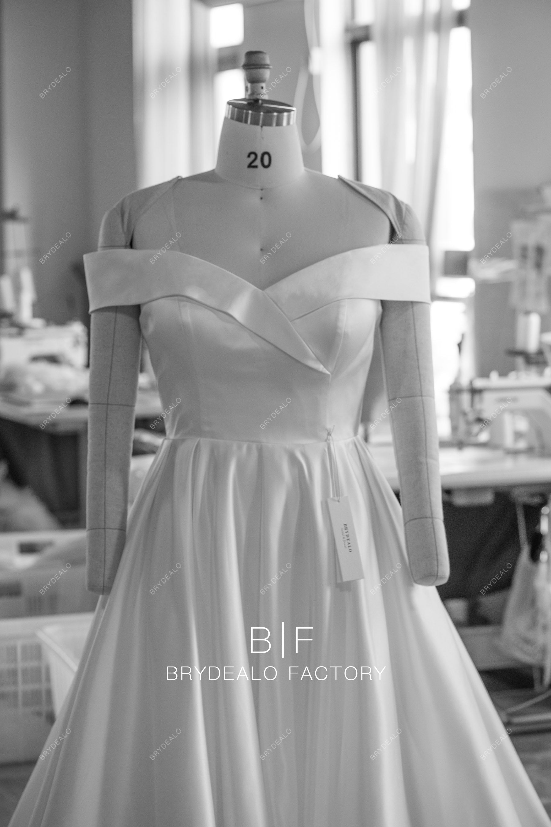 designer off shoulder satin simple wedding dress