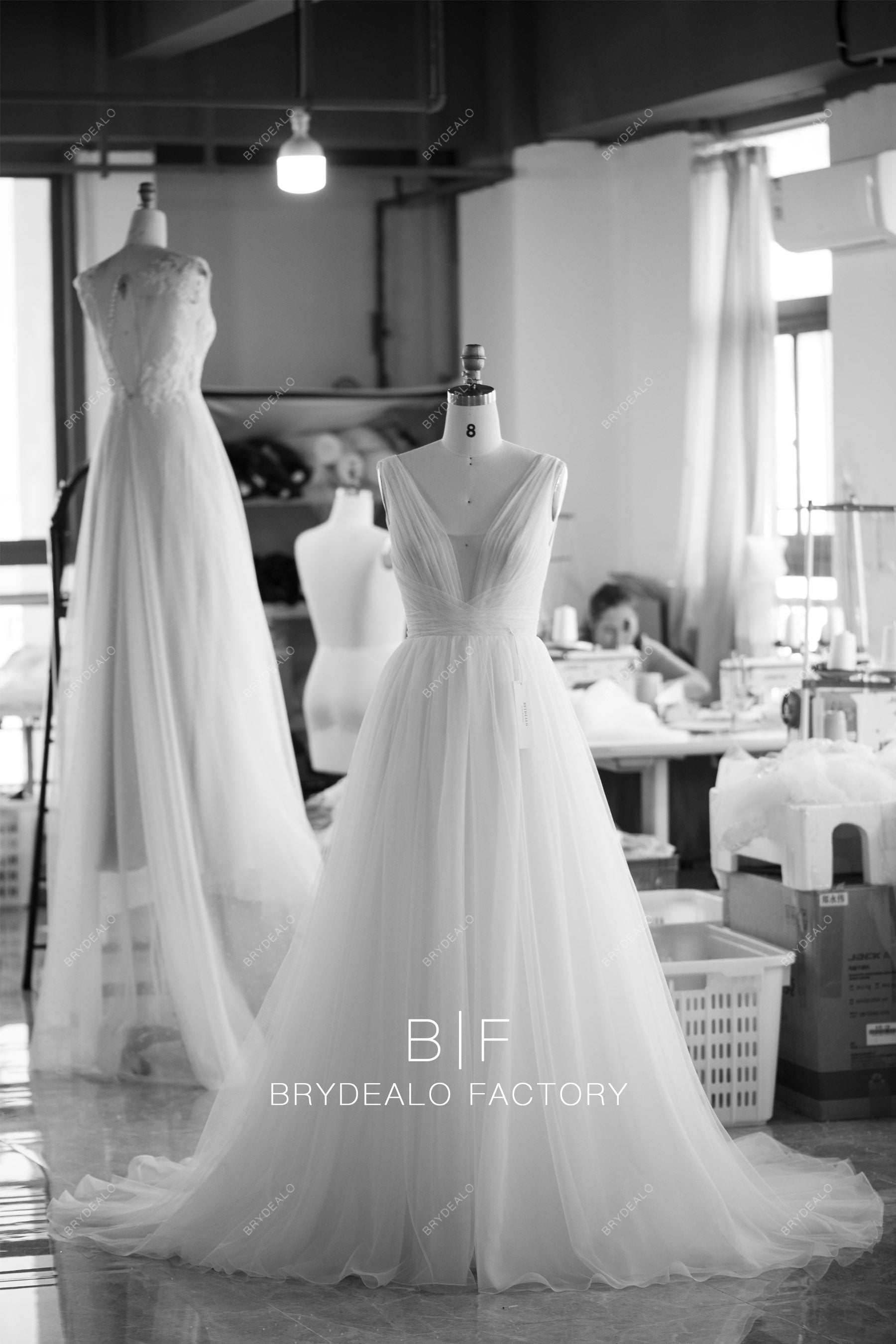 custom pleated straps A-line designer wedding dress