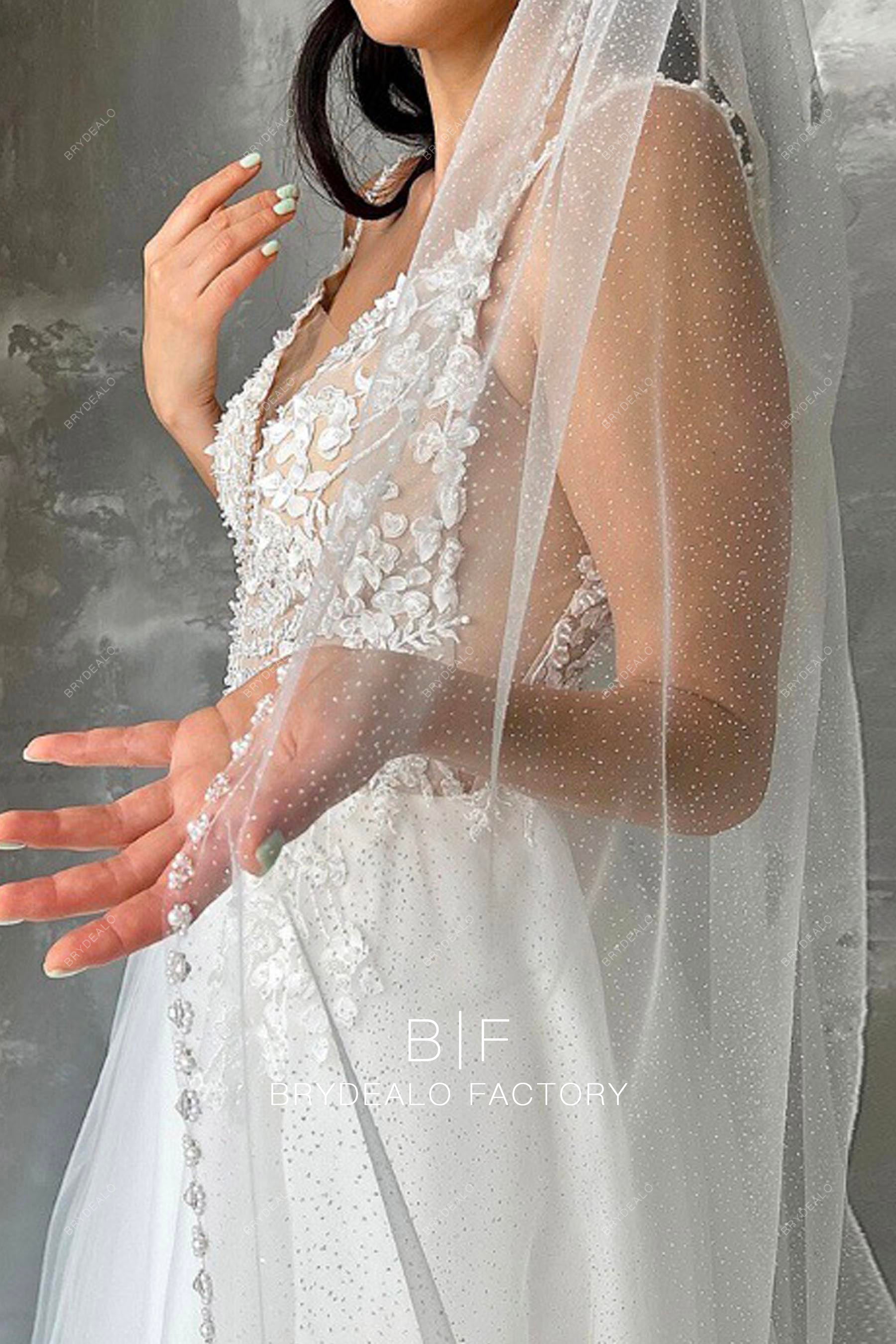 Hand-sewn Beading Edge Shimmery Single Tier Bridal Veil