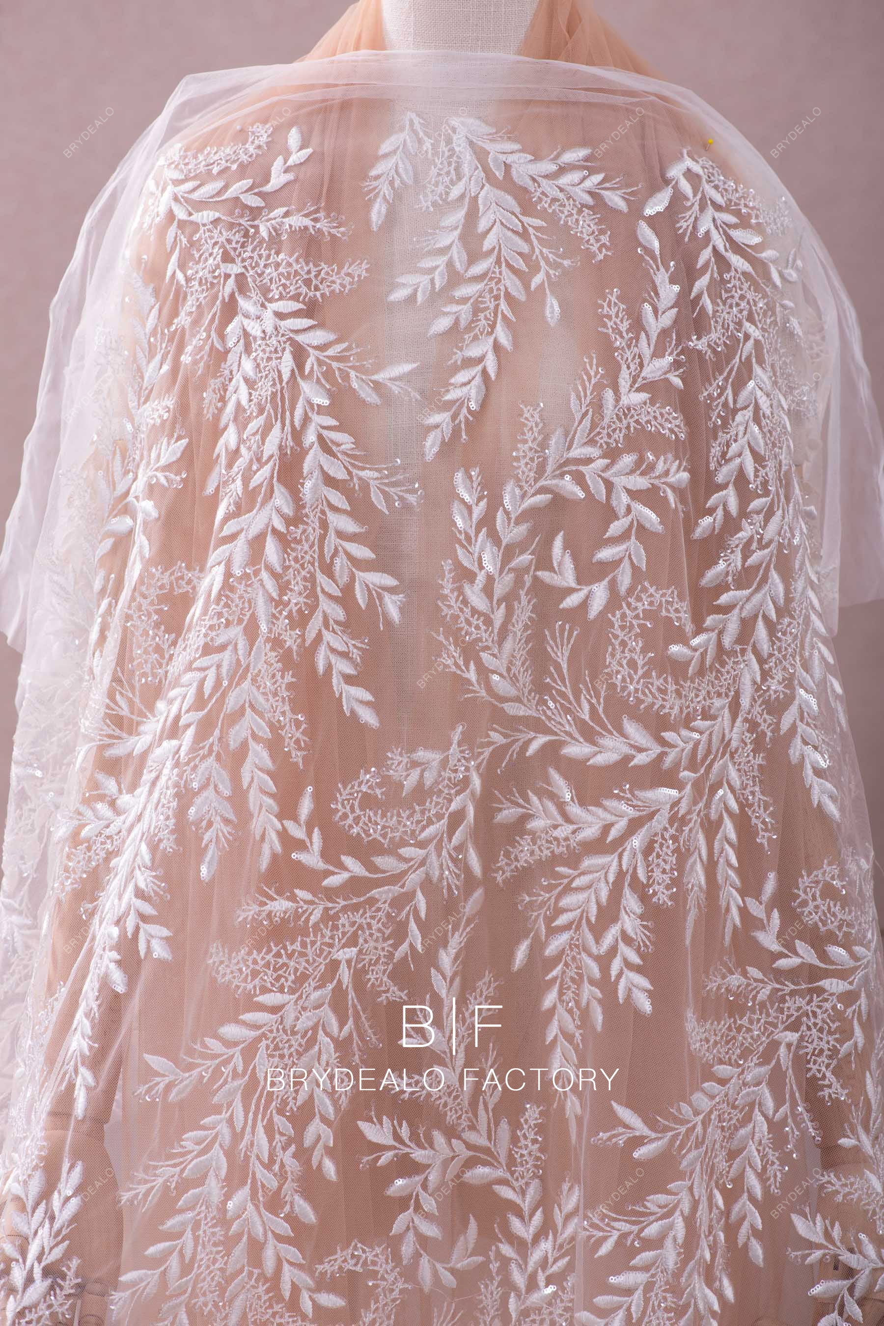popular shimmery leaf motif lace for designer dresses