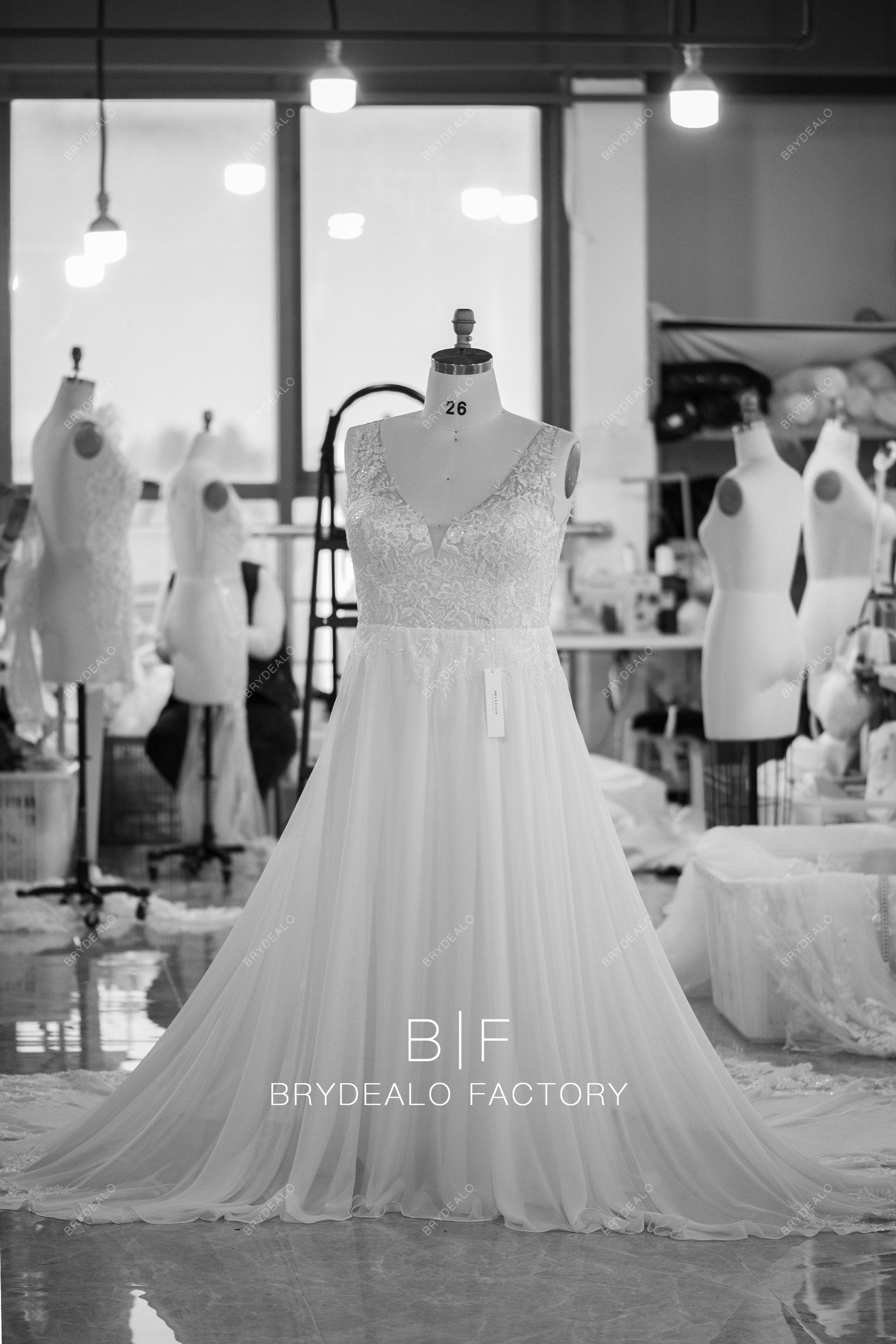 custom V neckline lace A-line chiffon wedding dress