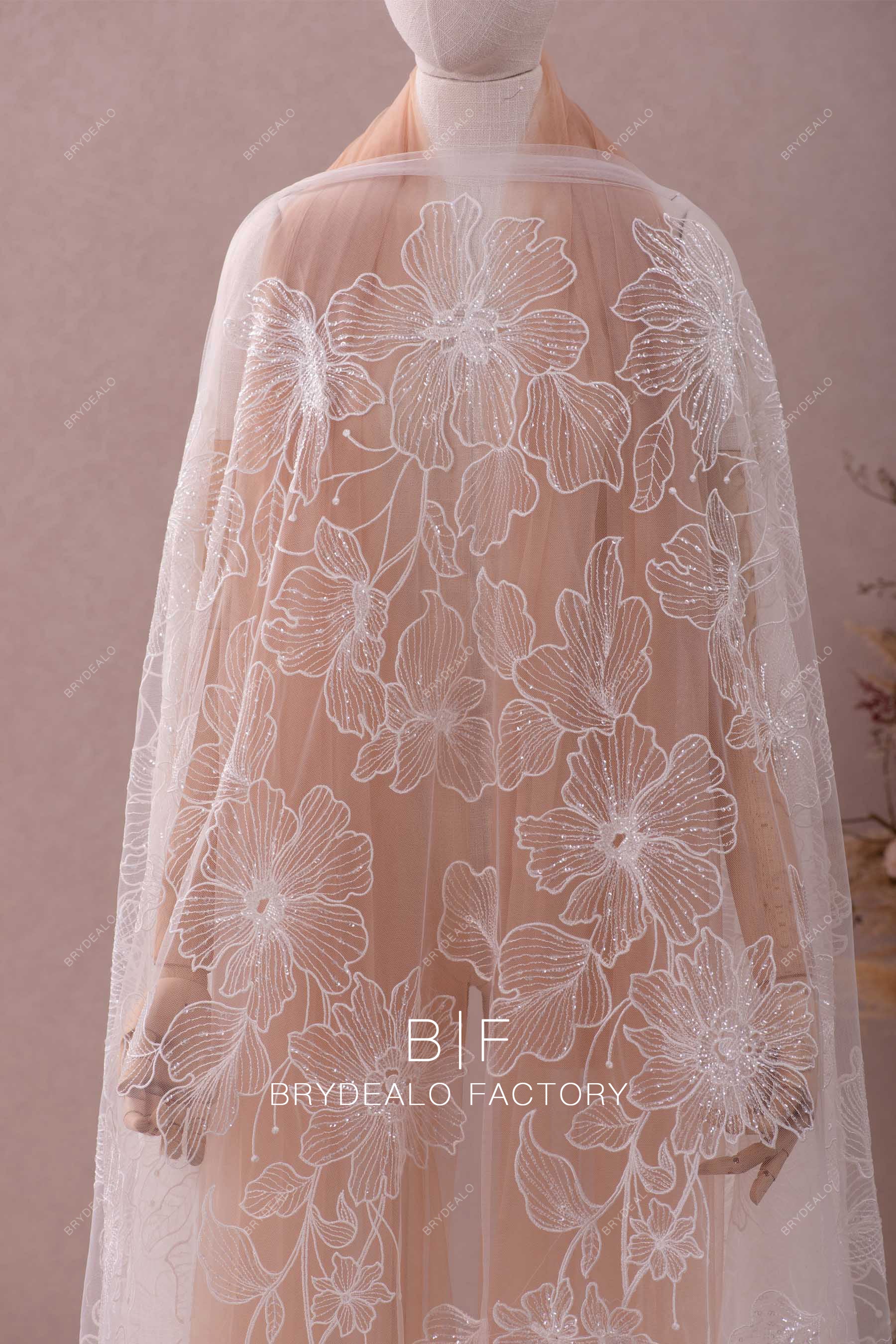 Beautiful Clear Sequin Large Flower Embroidery Lace Fabric