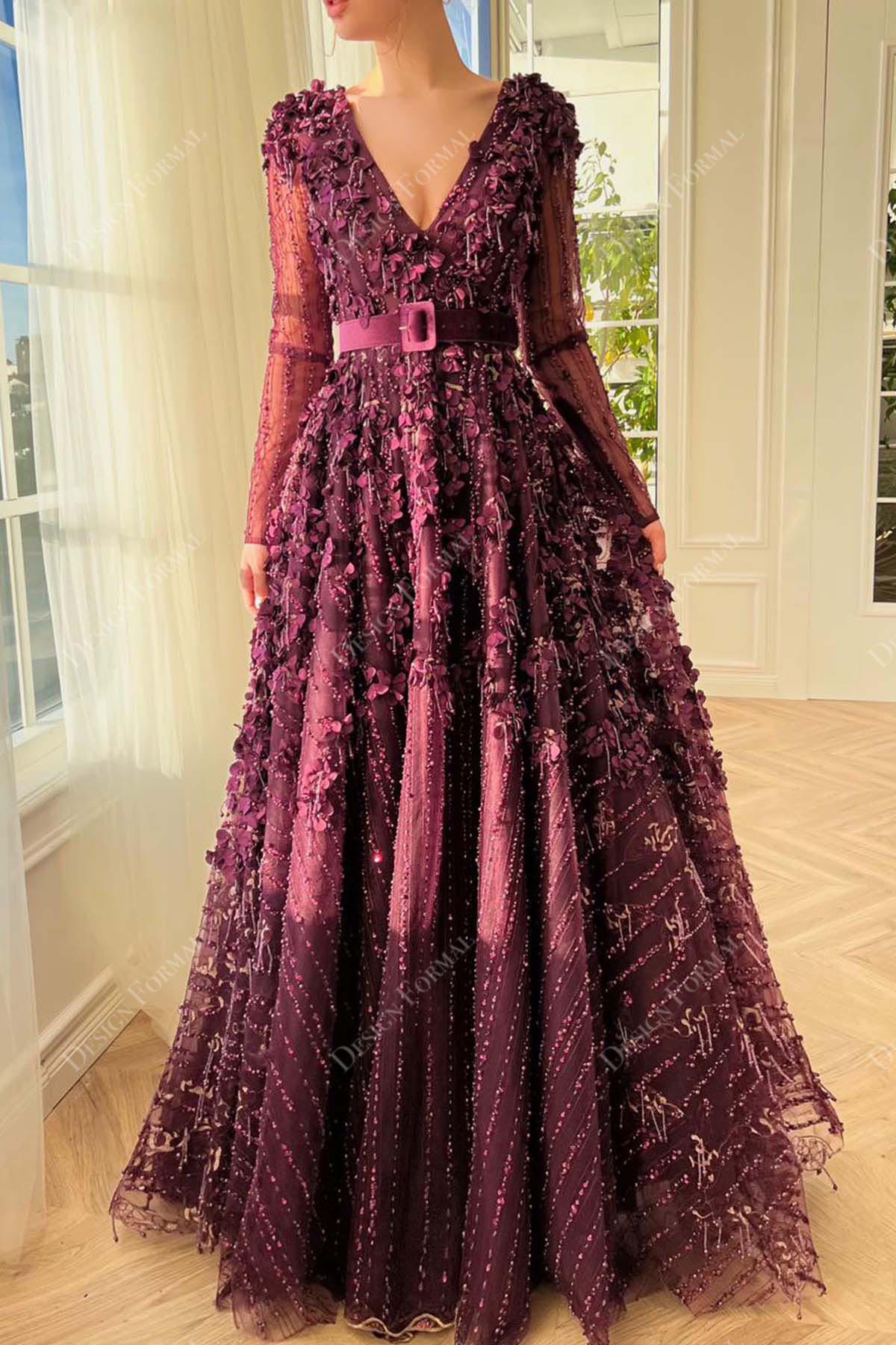 wine lace V-neck floor length dress