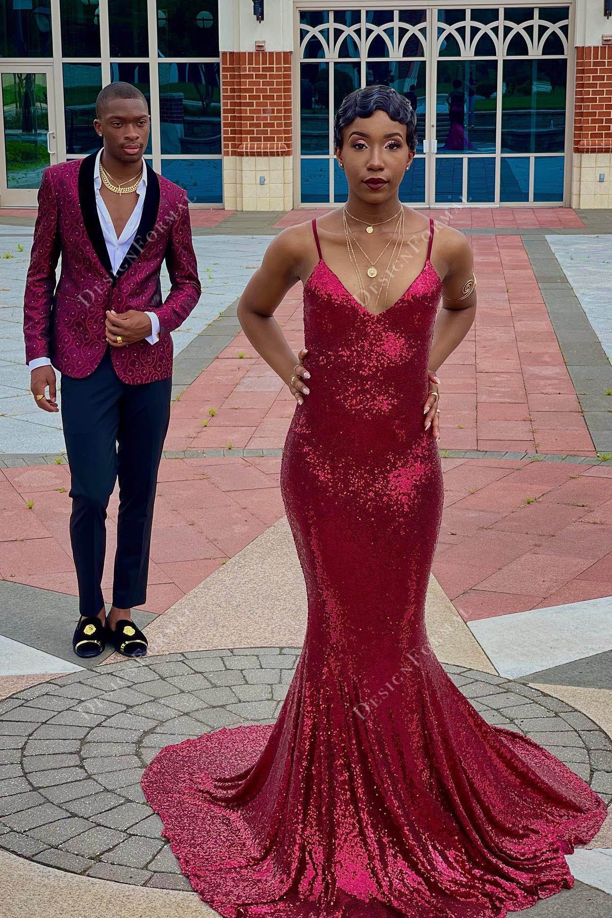 wine sequins plunging V-neck mermaid prom dress