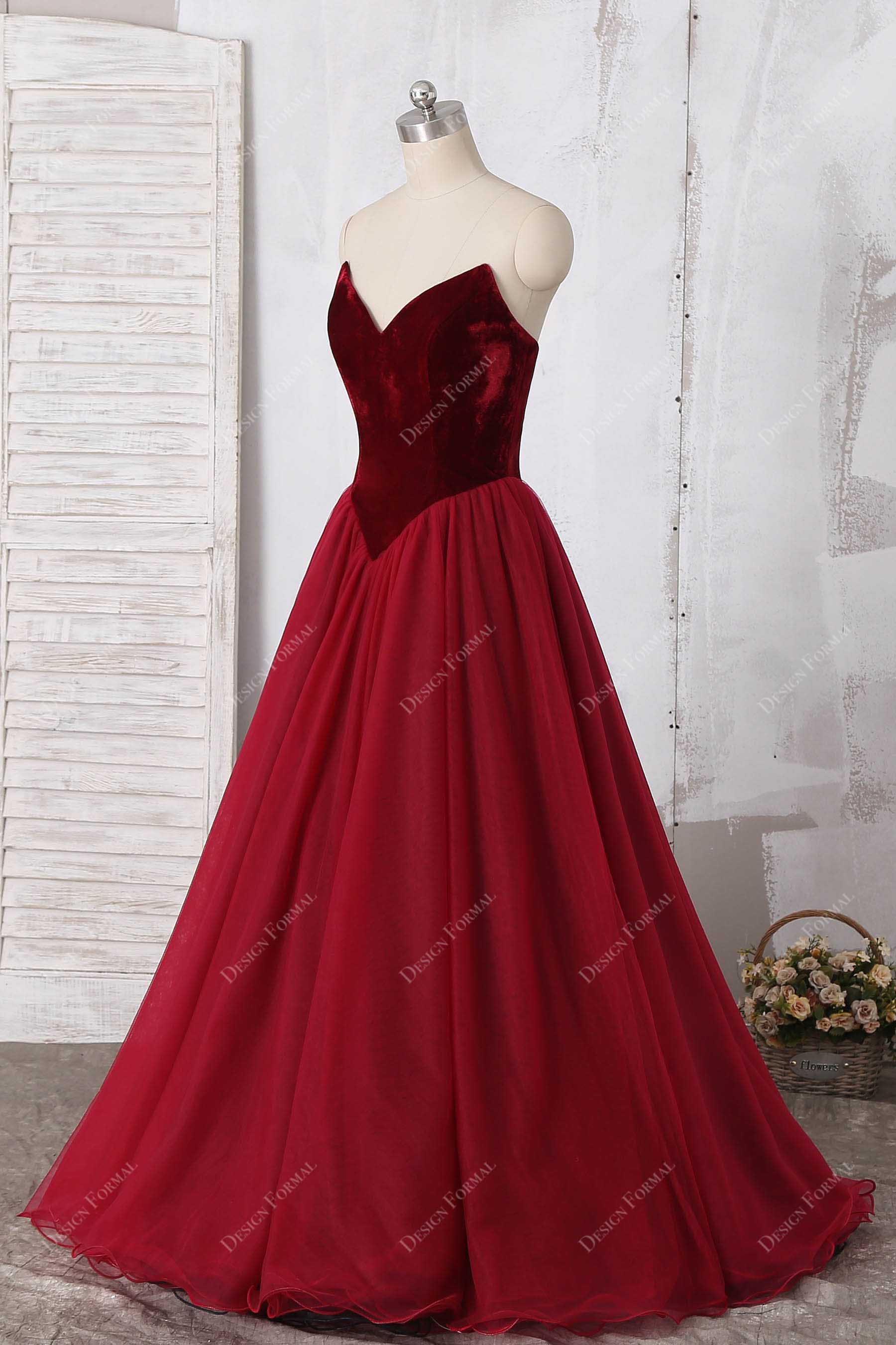 wine strapless basque waist formal gown