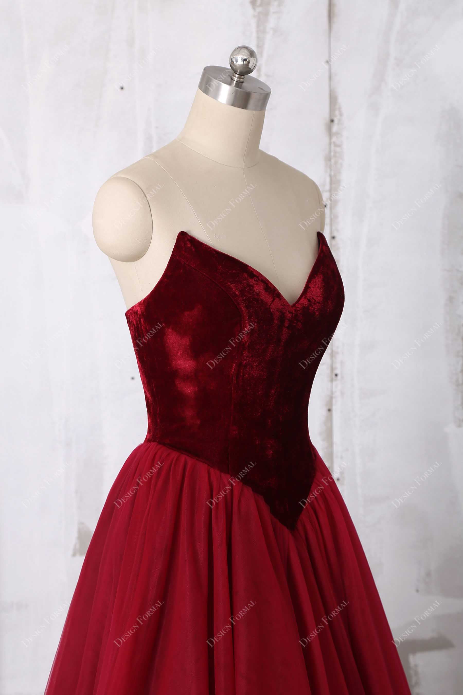 wine velvet basque waist tulle dress