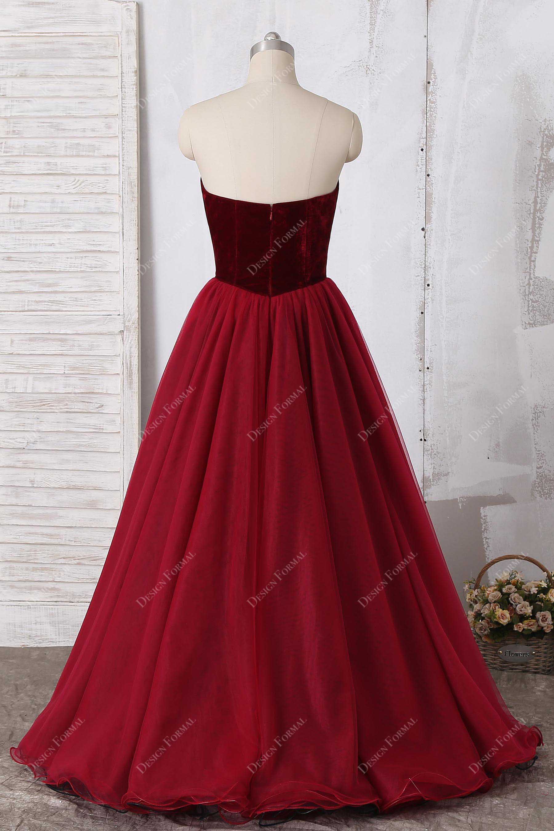 wine velvet tulle low back A-line formal dress