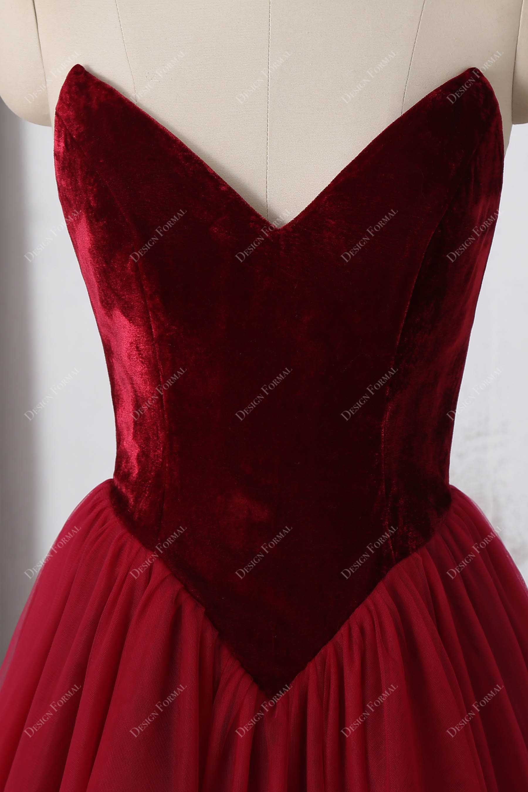 wine velvet strapless V-neck bodice