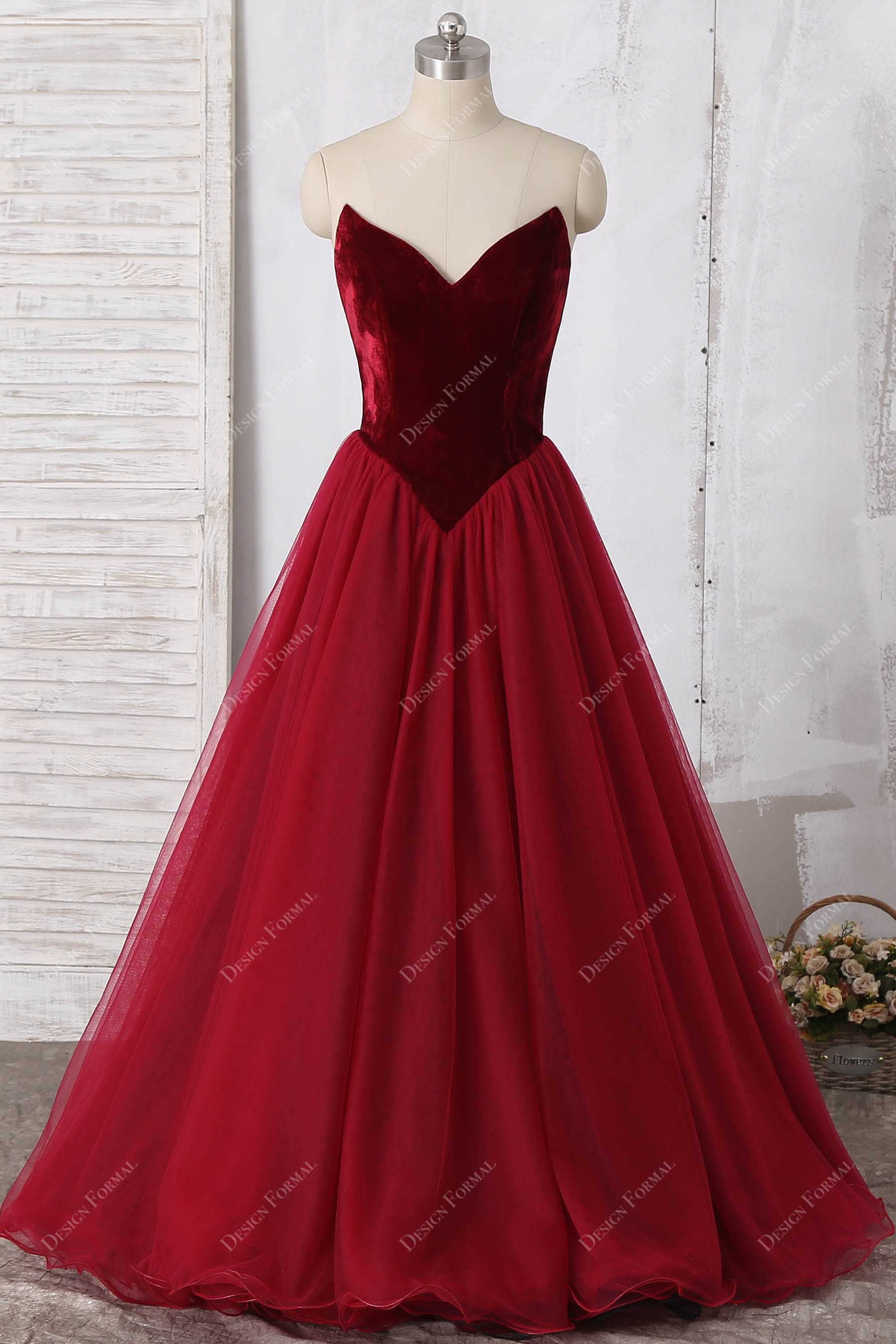 wine velvet tulle V-neck basque waist formal gown