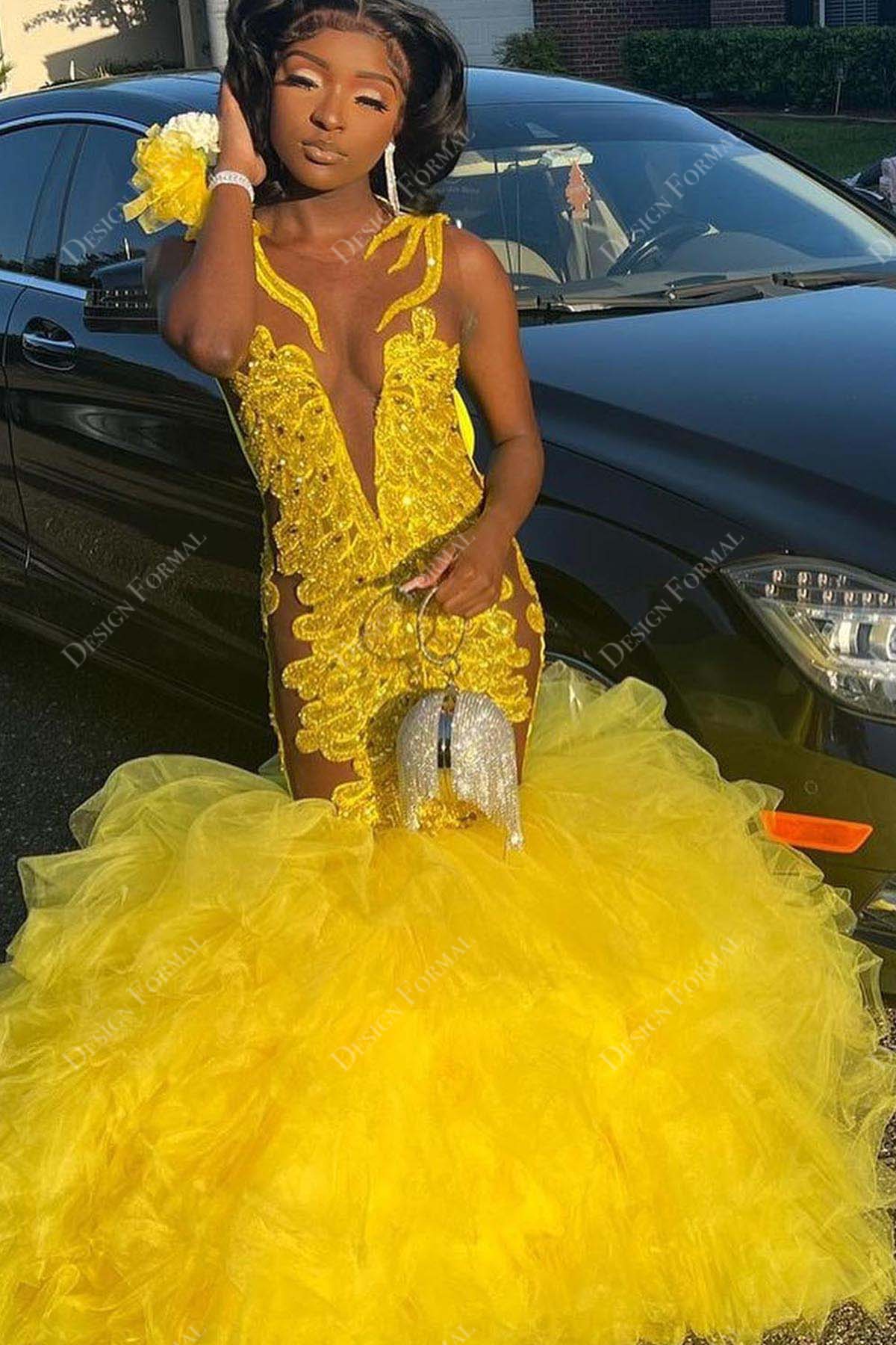 Sheer Yellow Crystals Lace Ruffled Tulle Trumpet Custom Prom Dress Sheer Yellow Crystals Lace Ruffled Tulle Trumpet Custom Prom Dress
