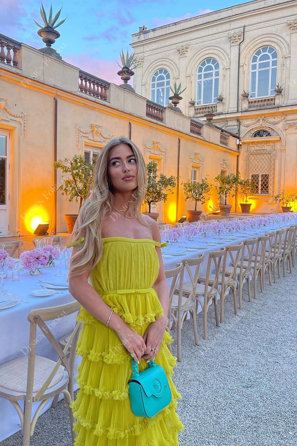 yellow off-shoulder straight across neck tiered made-to order prom dress