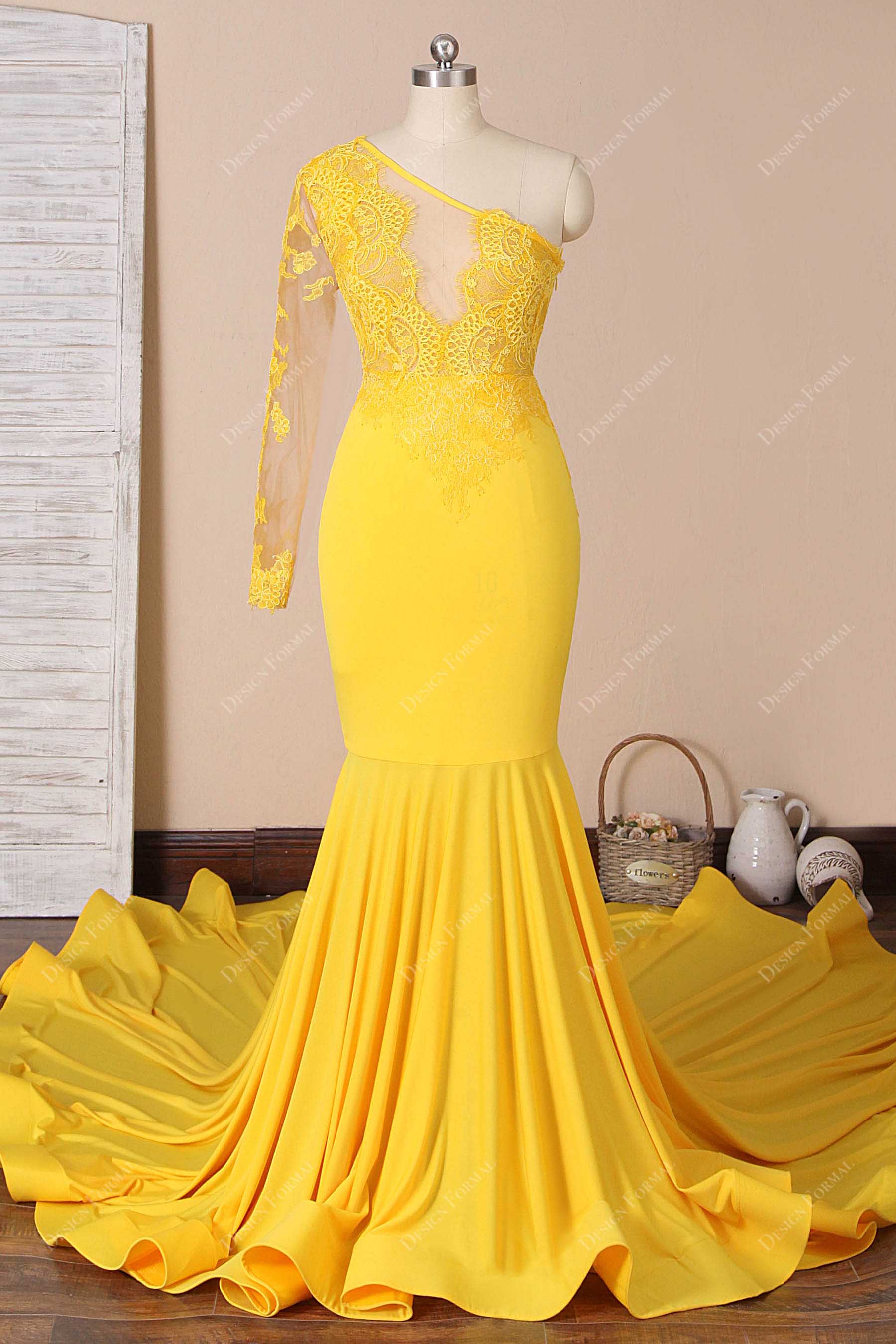 Yellow Unique One Shoulder Lace Jersey Long Mermaid Sexy Prom Dress Yellow Unique One Shoulder Lace Jersey Long Mermaid Sexy Prom Dress
