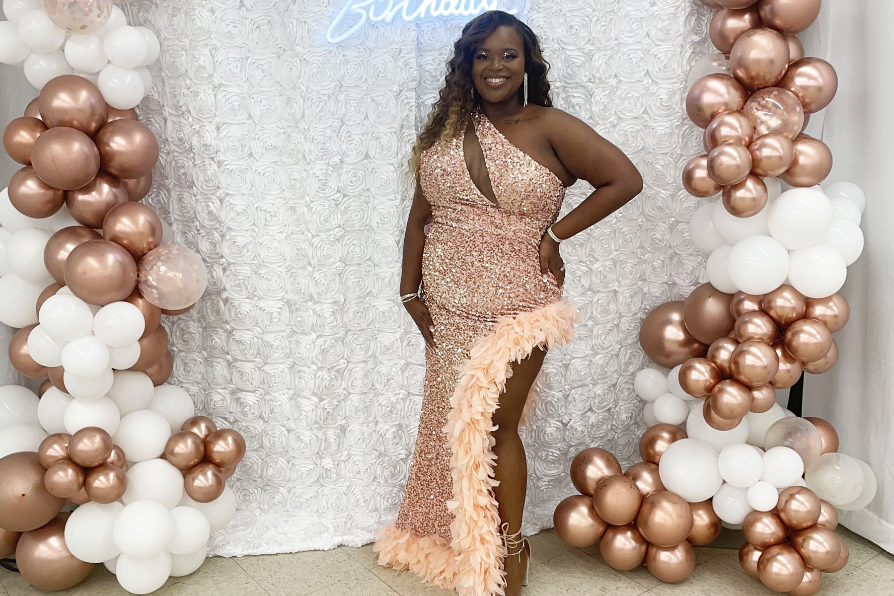 custom rose gold sequin feather birthday dress