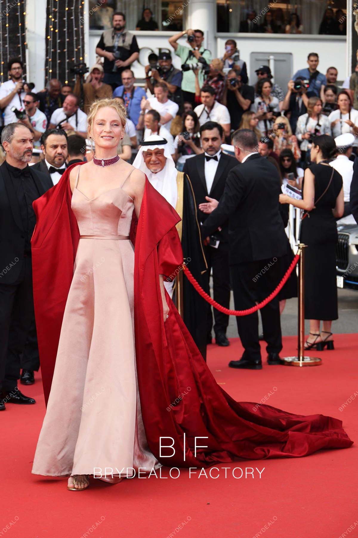 Uma Thurman 2023 Cannes Film Festival Red Carpet Satin Long Dress