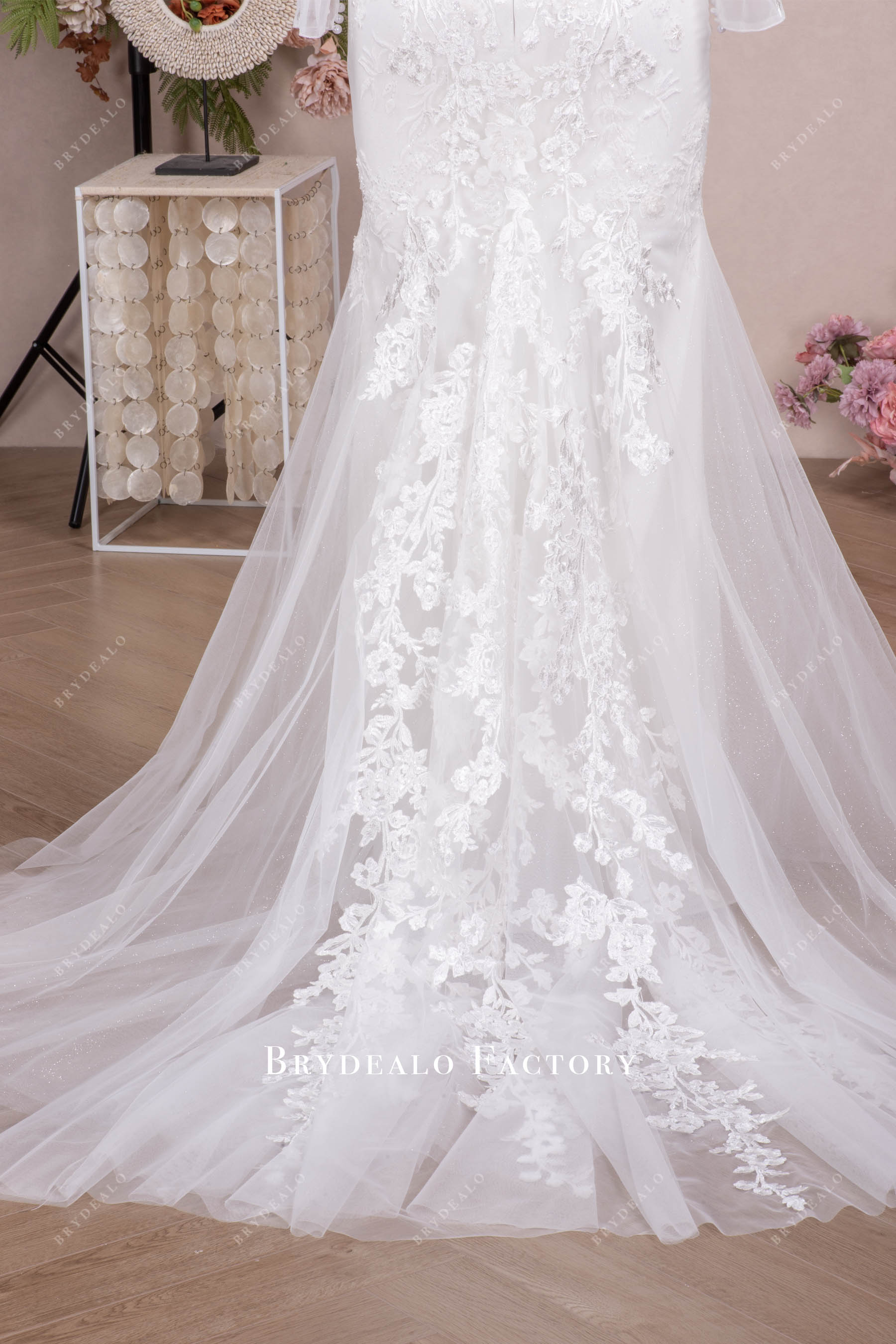 3D flower lace chapel train bridal gown