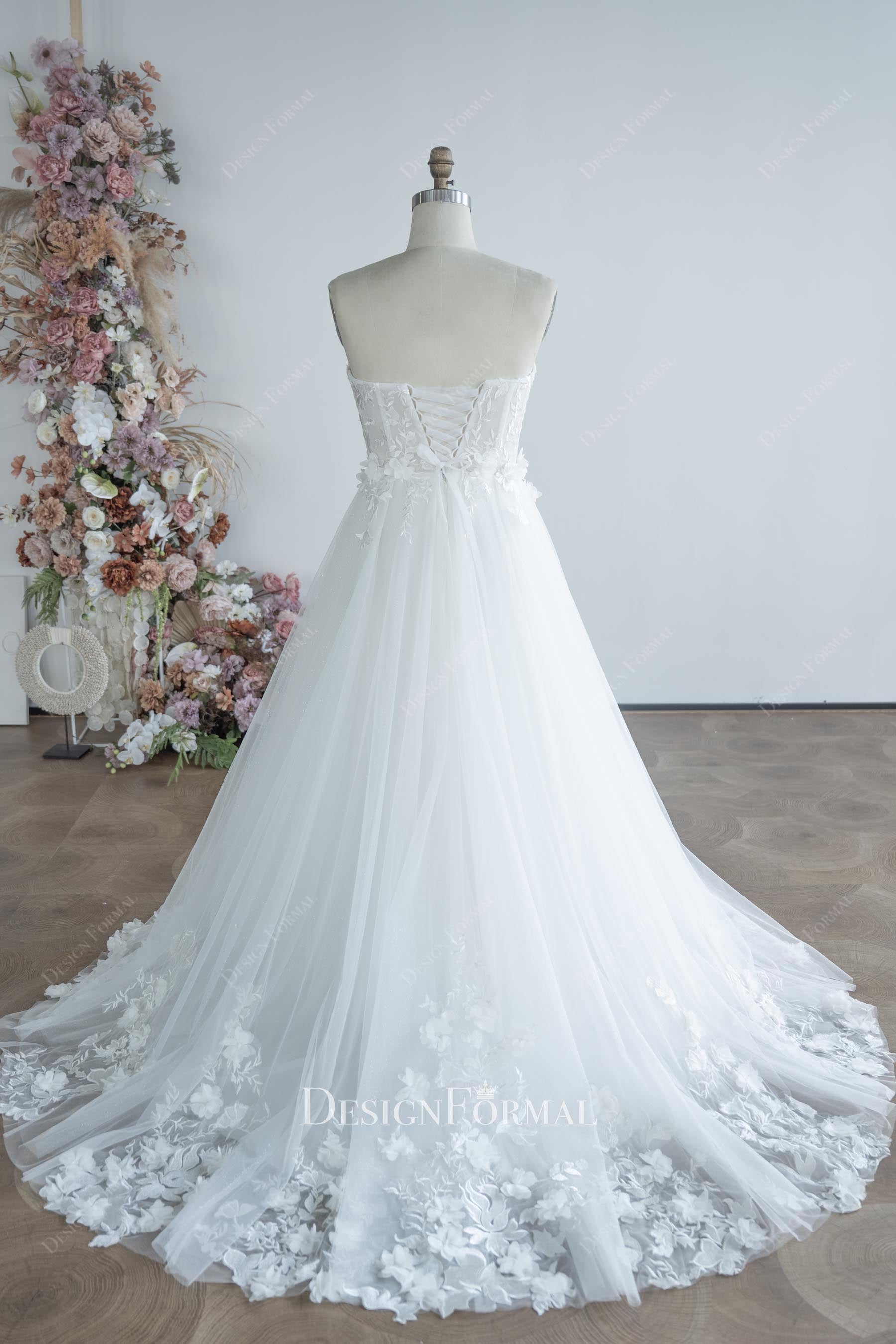 3D flower lace court train Aline bridal dress