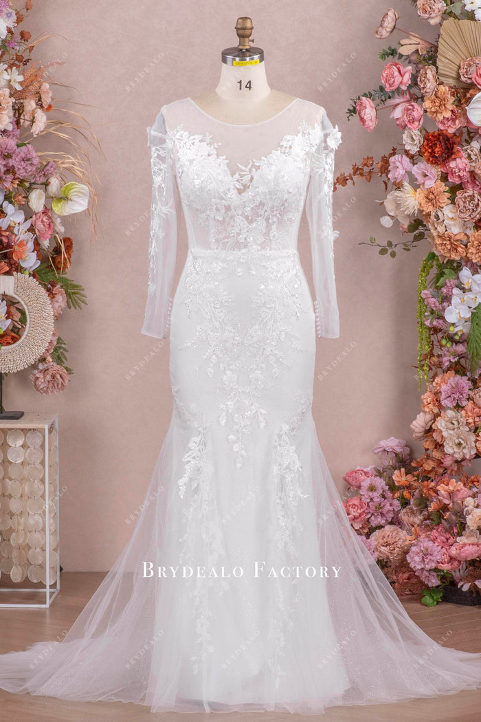 Gorgeous Lace Illusion Back Trumpet Shimmer Destination Wedding Dress