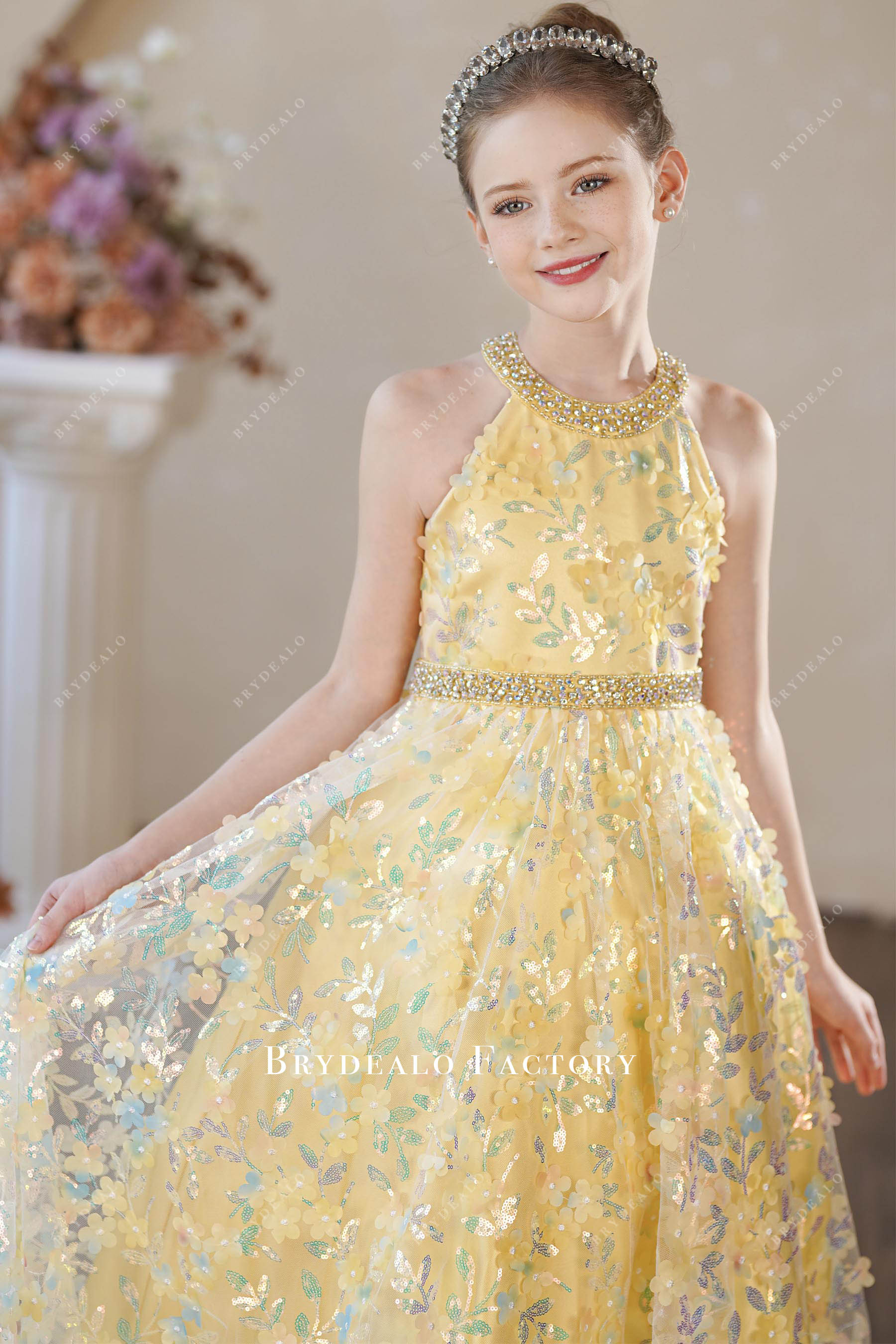 Iridescent Sequin Yellow Flowers Kids Pageant Dress