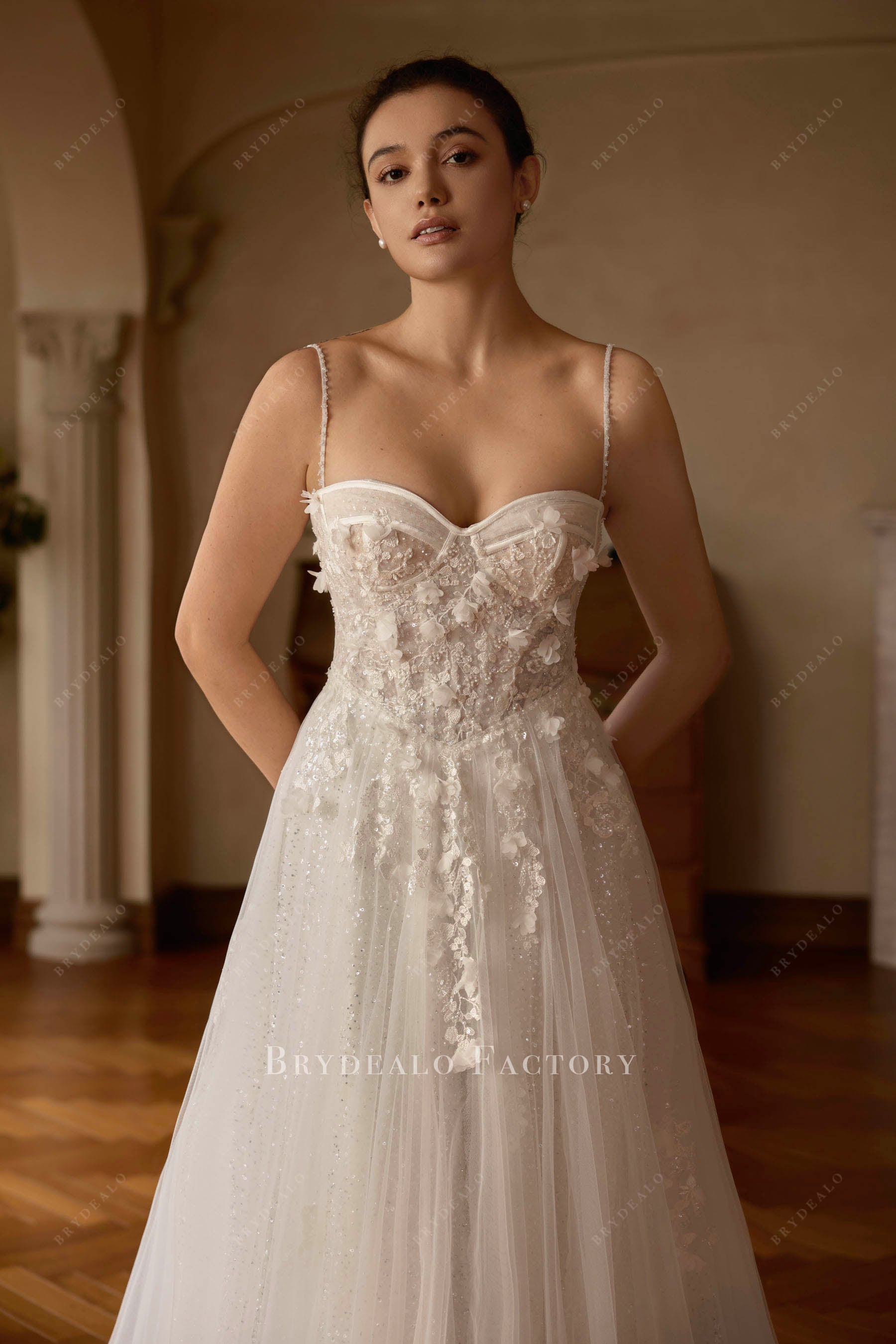 3D flower lace sweetheart neck bridal neck bridal gown