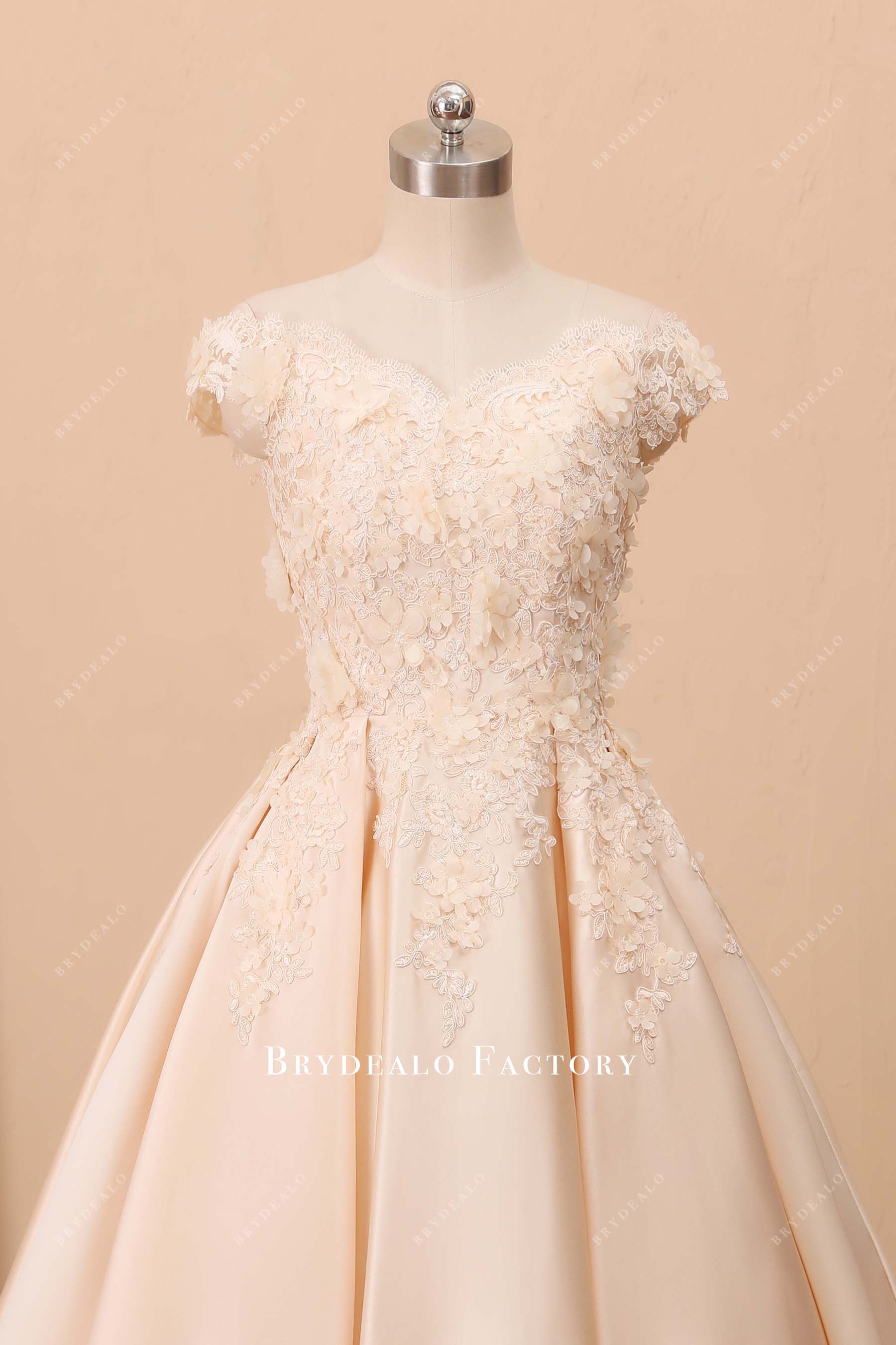 3D lace champagne off shoulder bridal dress