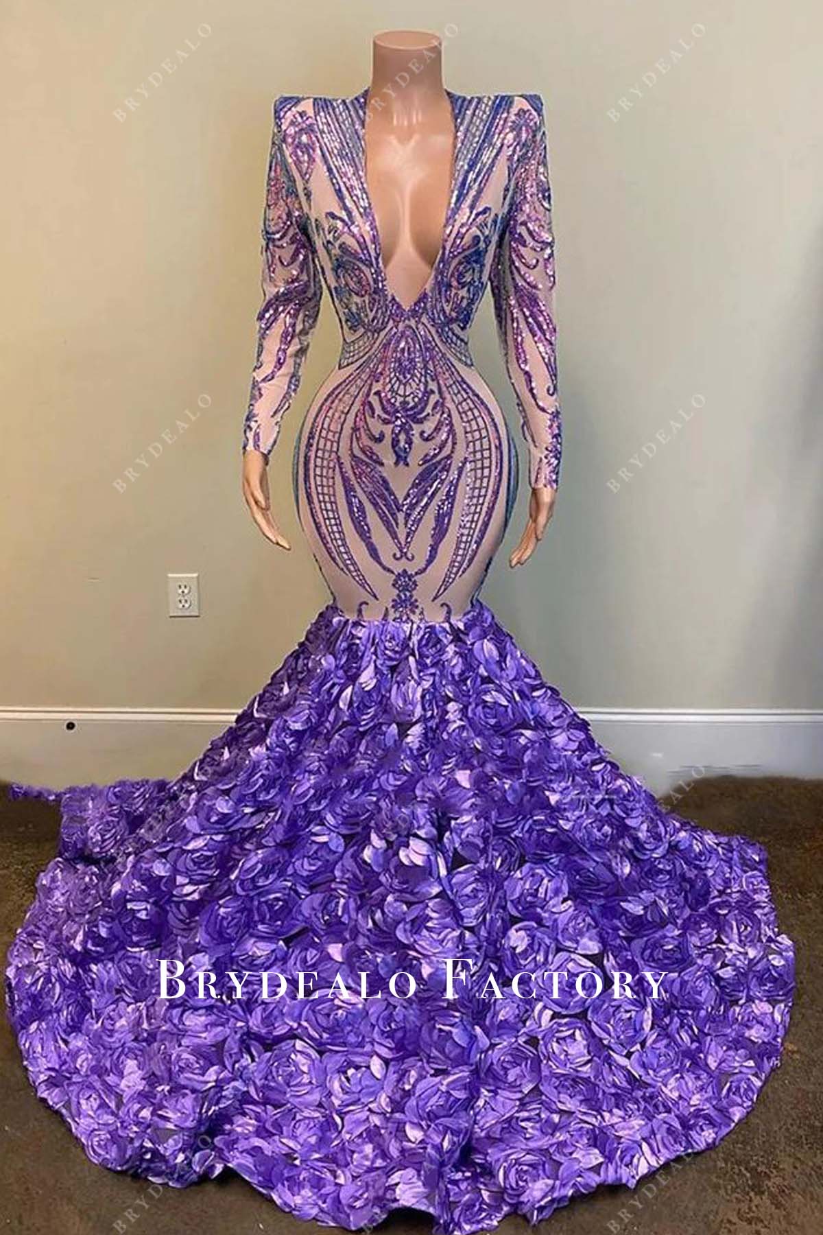 plunging neck long sleeve lilac sequin prom dress