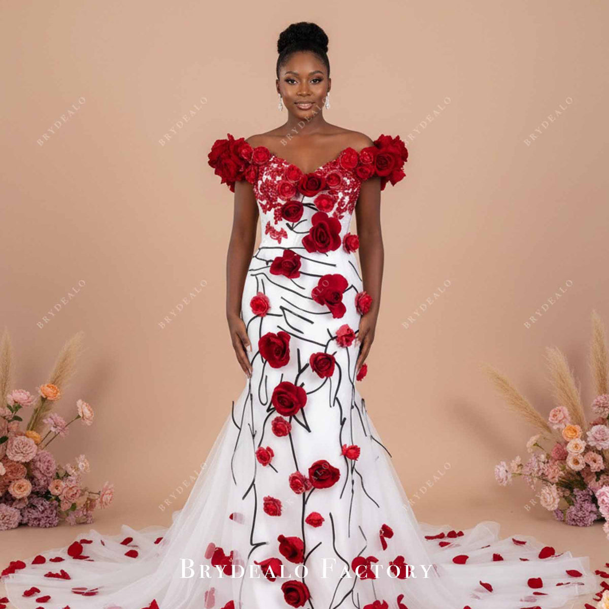 Delicate Red 3D Rose Lace White Off Shoulder Bridal Dress
