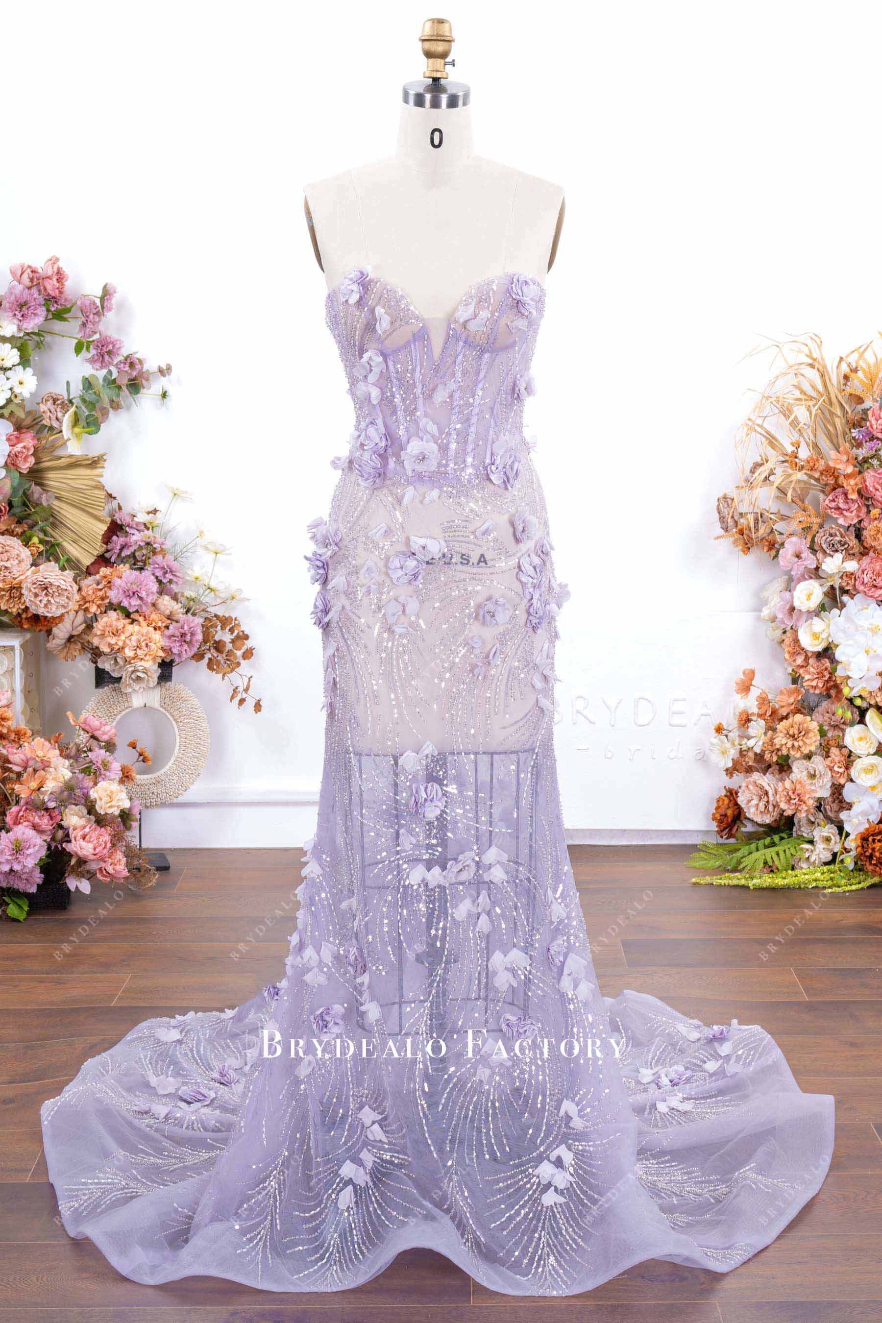 3d floral strapless prom dress