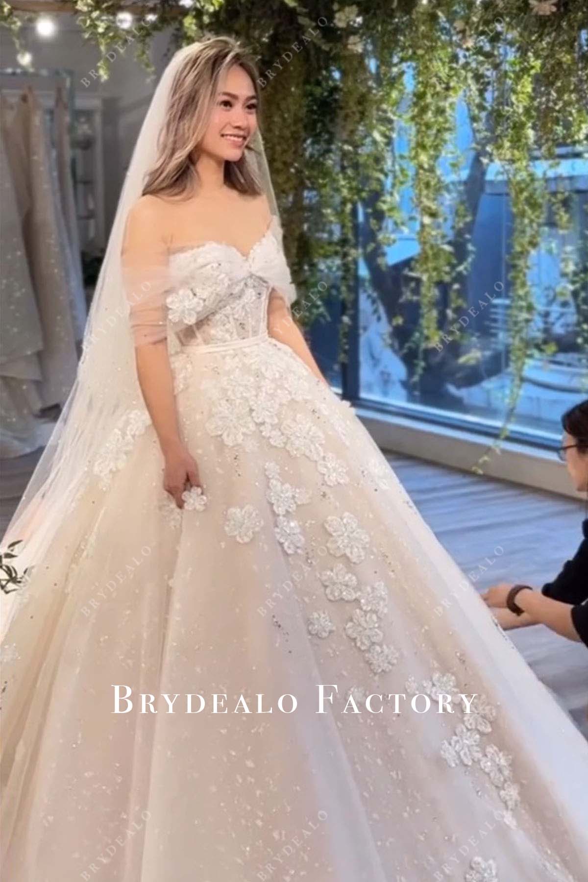 3d flowers off shoulder wedding ballgown