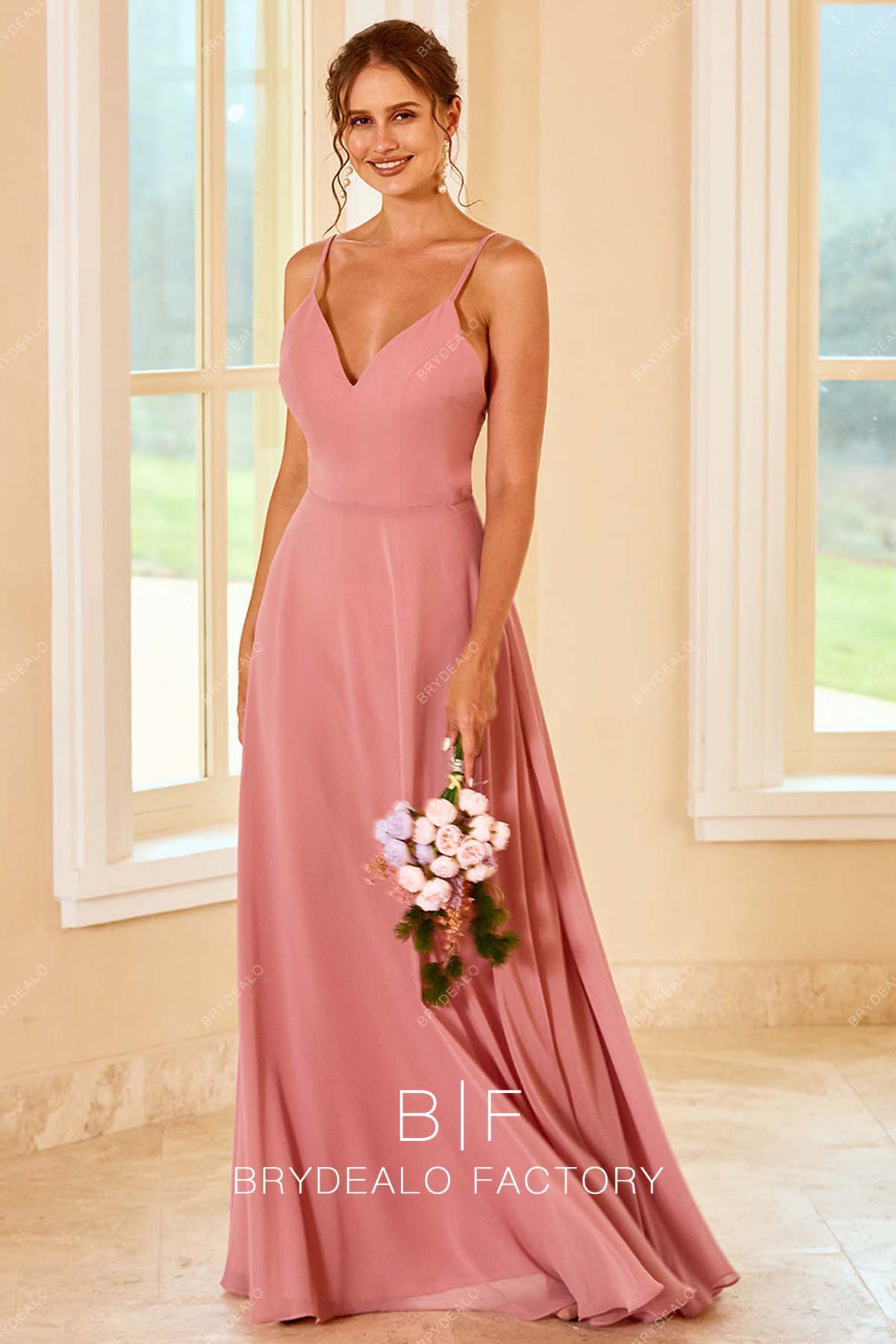 A-line chiffon V-neck simple bridesmaid gown