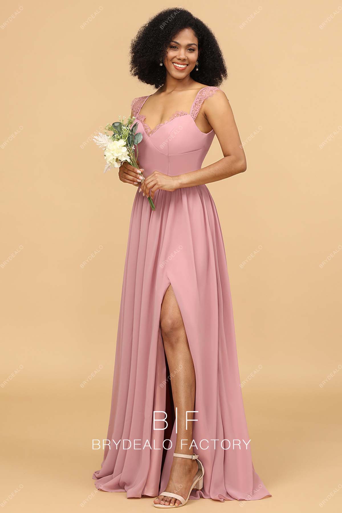 A-line chiffon lace straps formal gown