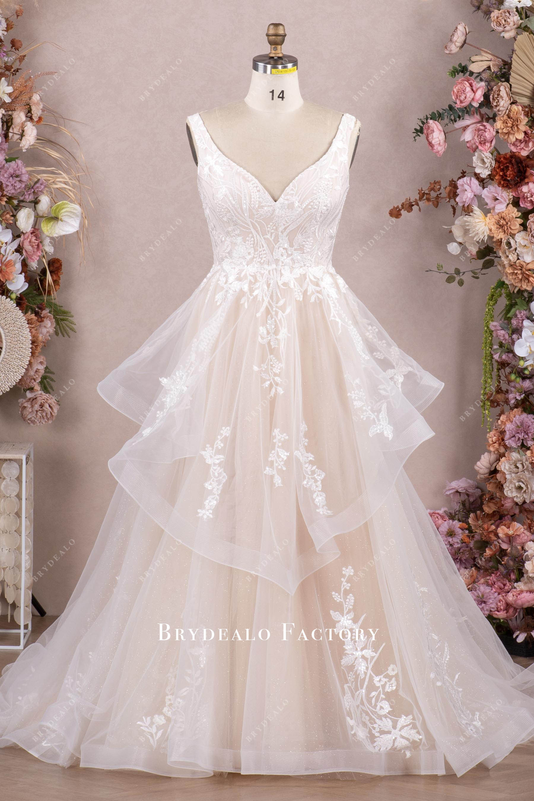 aline ruffled tulle lace wedding dress