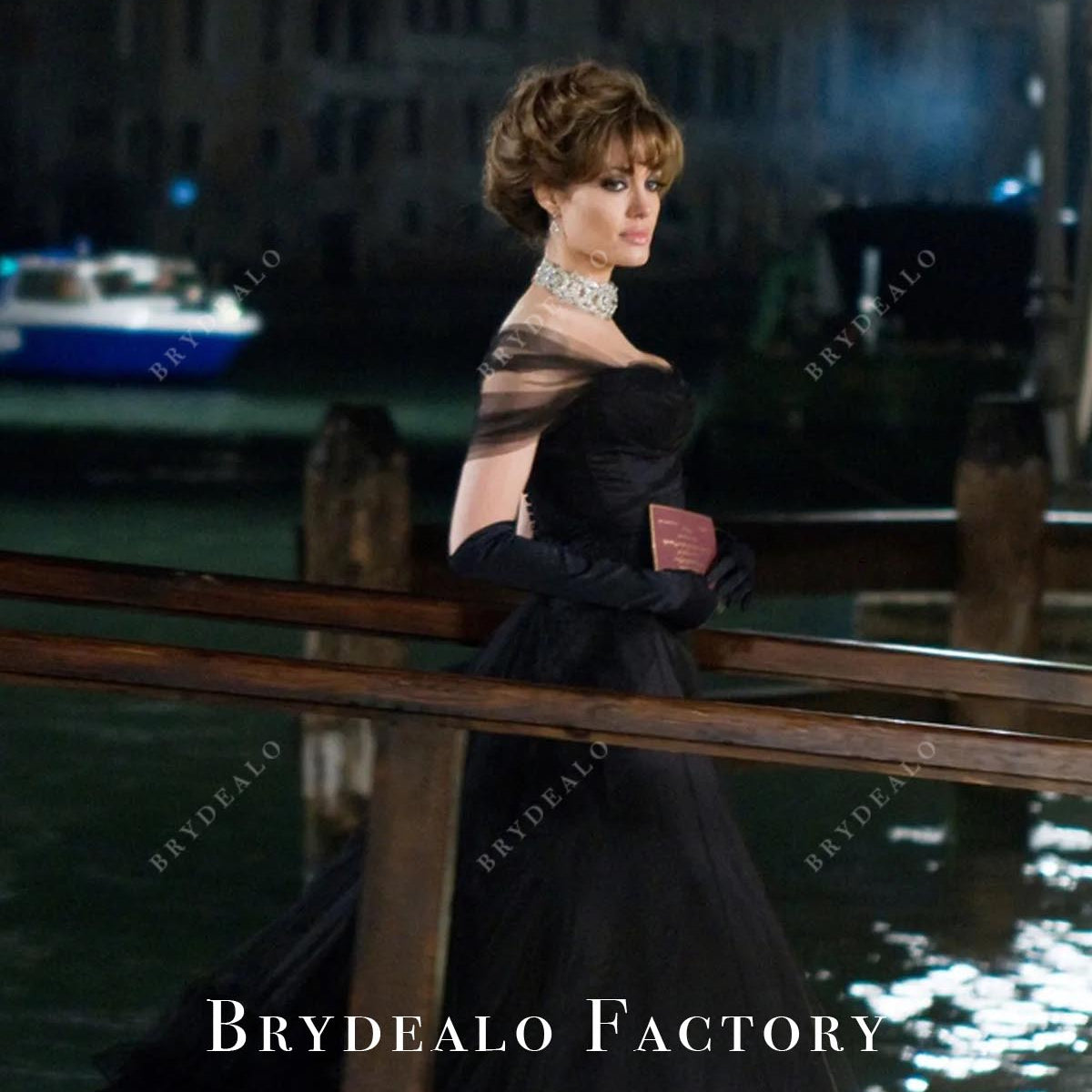Angelina Jolie Black Off Shoulder Long Dress The Tourist in Venice