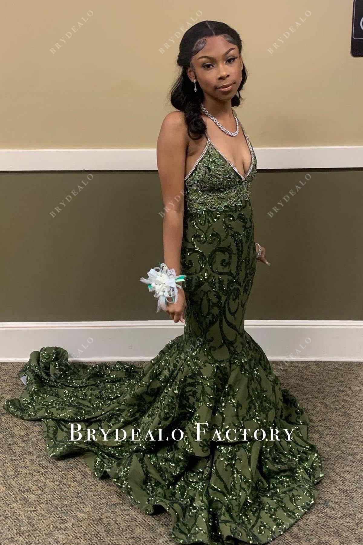 army green sequined trumpet prom dress