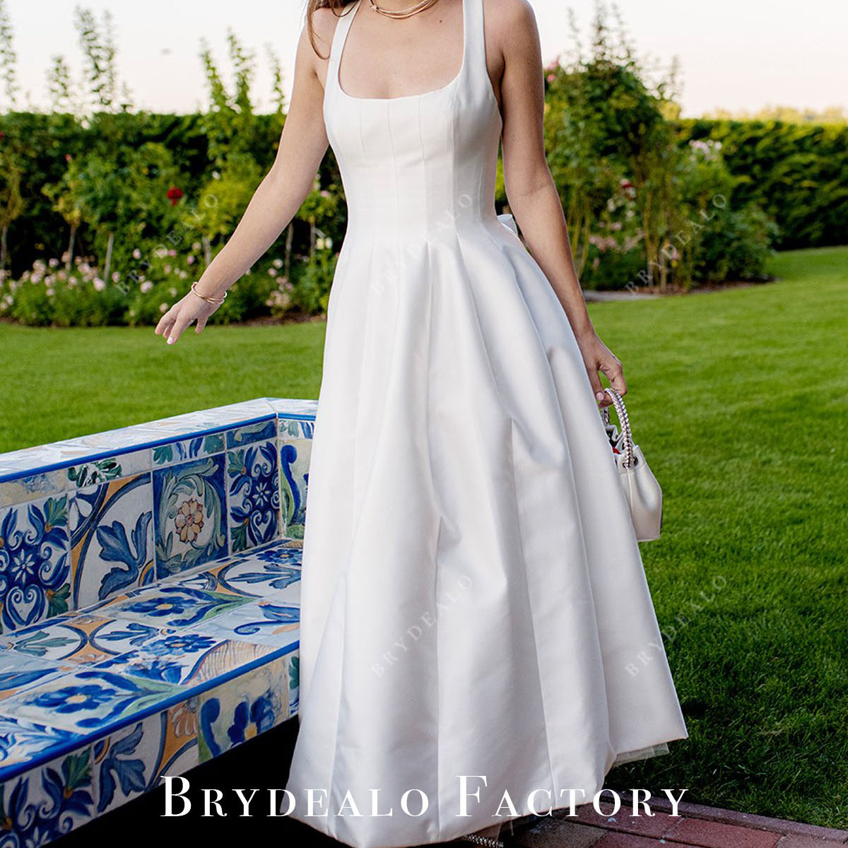 Barbara Palvin Satin Sleeveless Ankle Length Wedding Reception Dress, Ivory Barbara Palvin Satin Sleeveless Ankle Length Wedding Reception Dress, Ivory