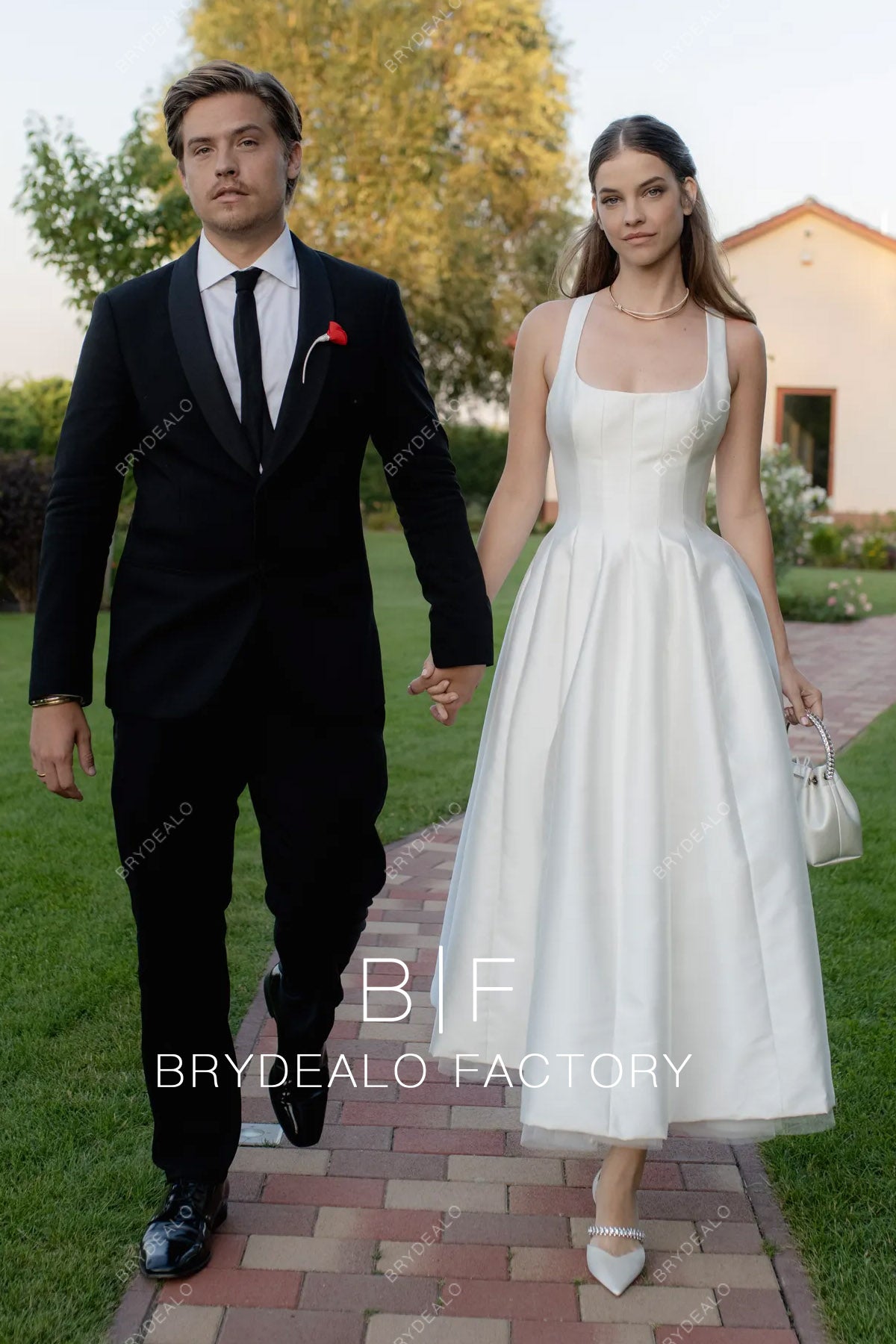 Barbara Palvin Satin Sleeveless Ankle Length Wedding Reception Dress