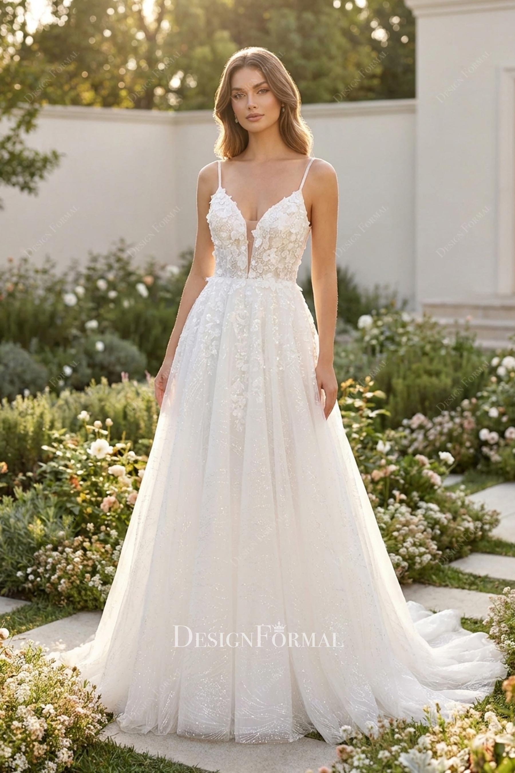 beaded flower lace a line wedding dress