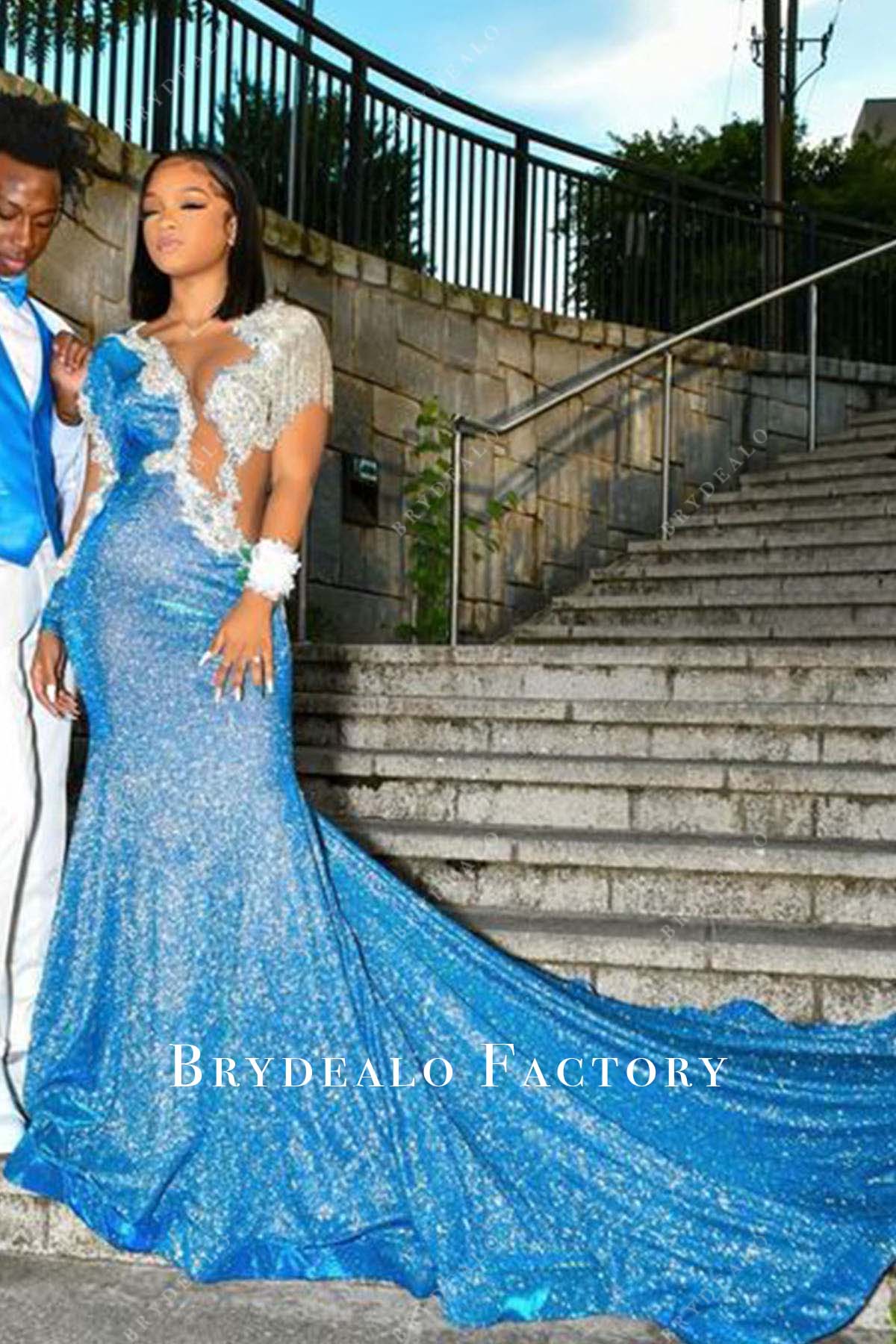 blue jay sequined long train mermaid gown