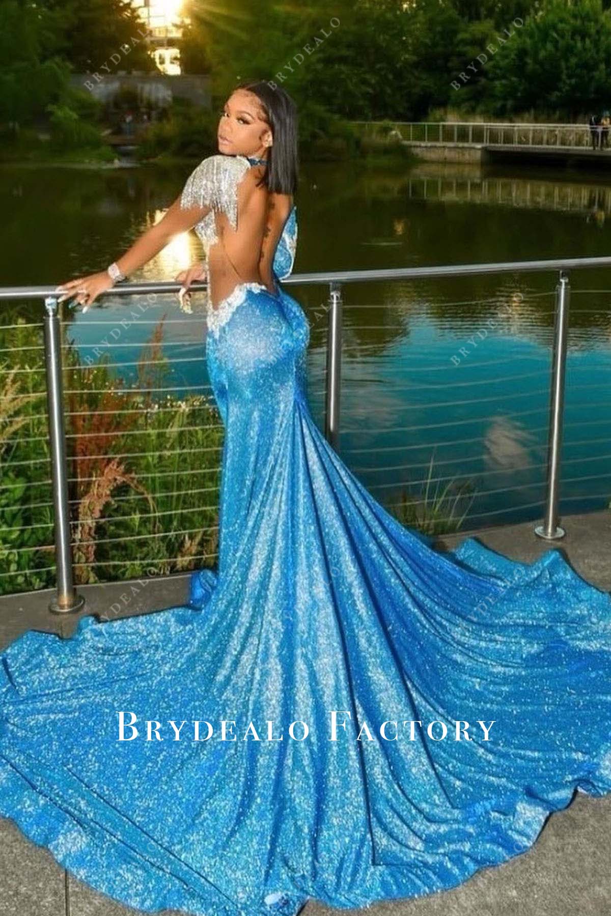 sequined open back mermaid prom gown