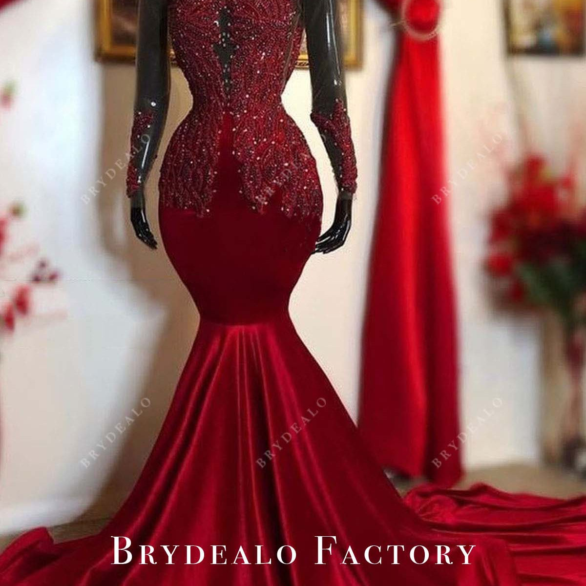 Burgundy Long Sleeve Beaded Trumpet Prom Dress Burgundy Long Sleeve Beaded Trumpet Prom Dress