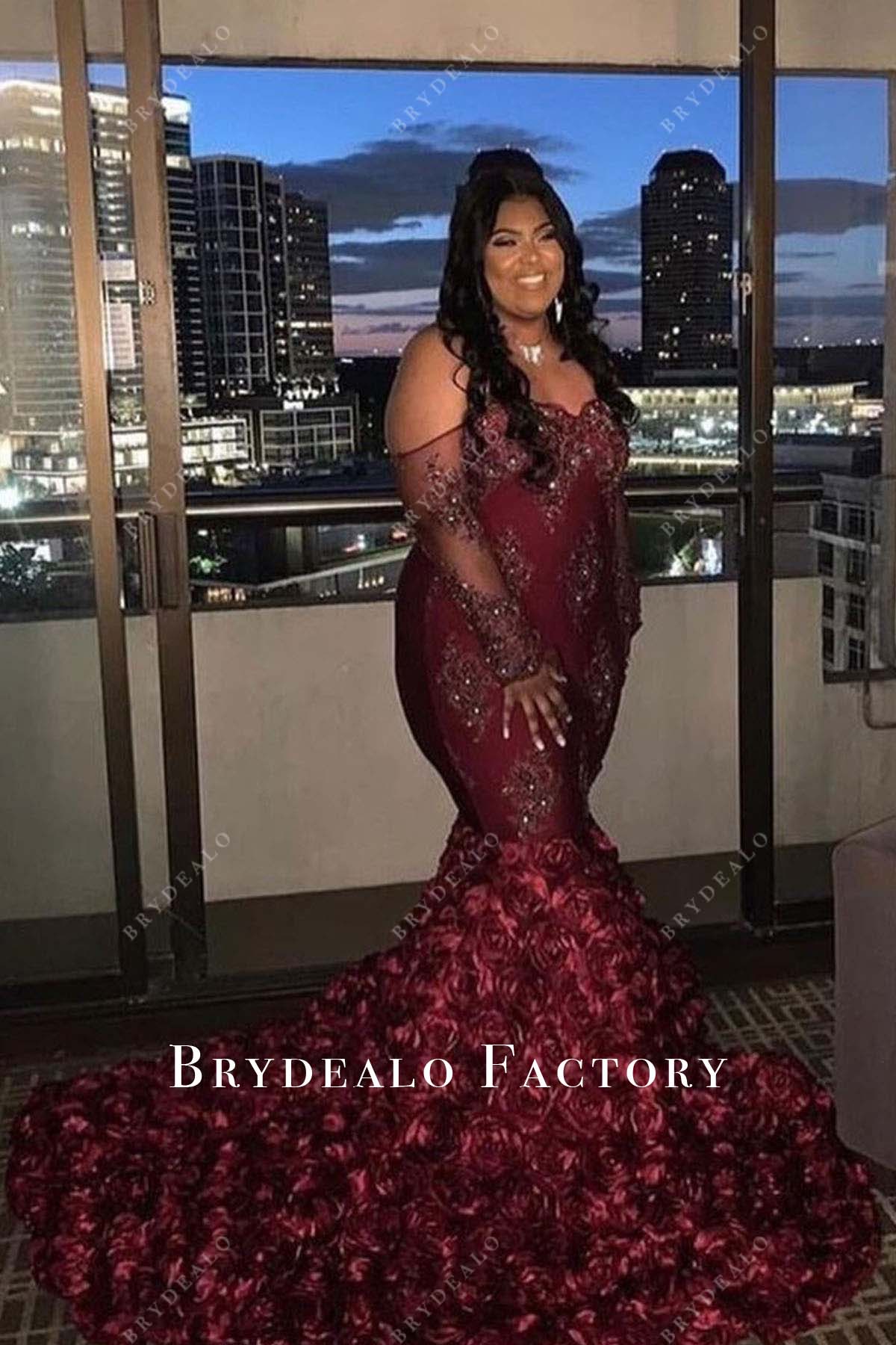 brugundy off shoulder 3D rose mermaid plus size prom dress