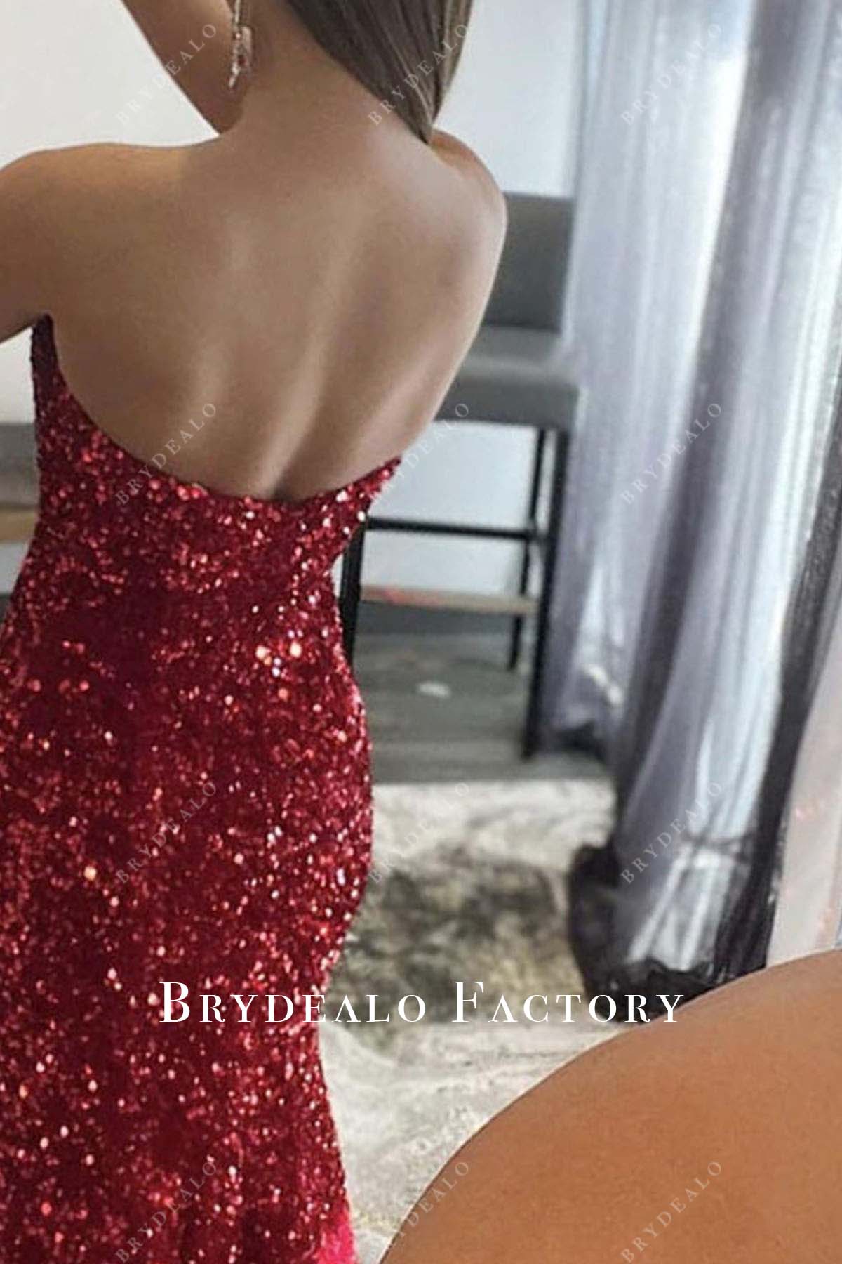 brugundy sequined backless prom dress