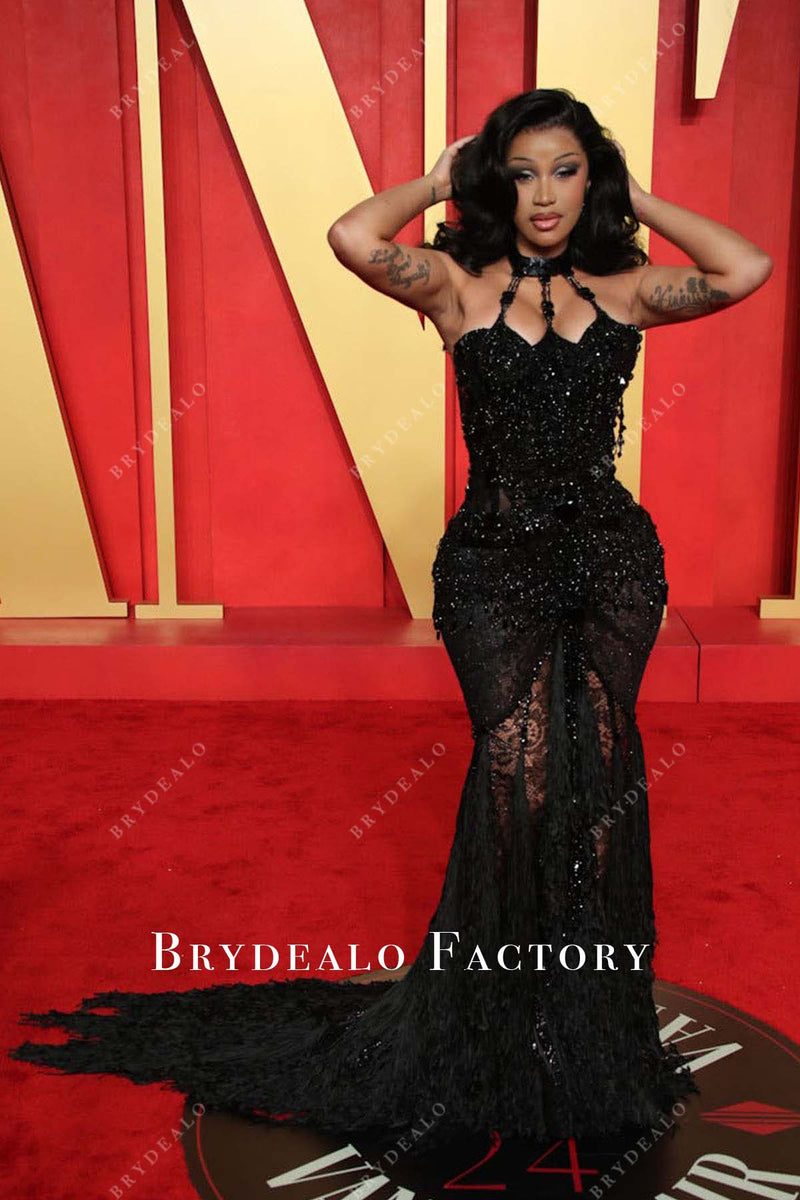 Cardi B Black Lace 2024 Oscars After Party Halter Mermaid Dress