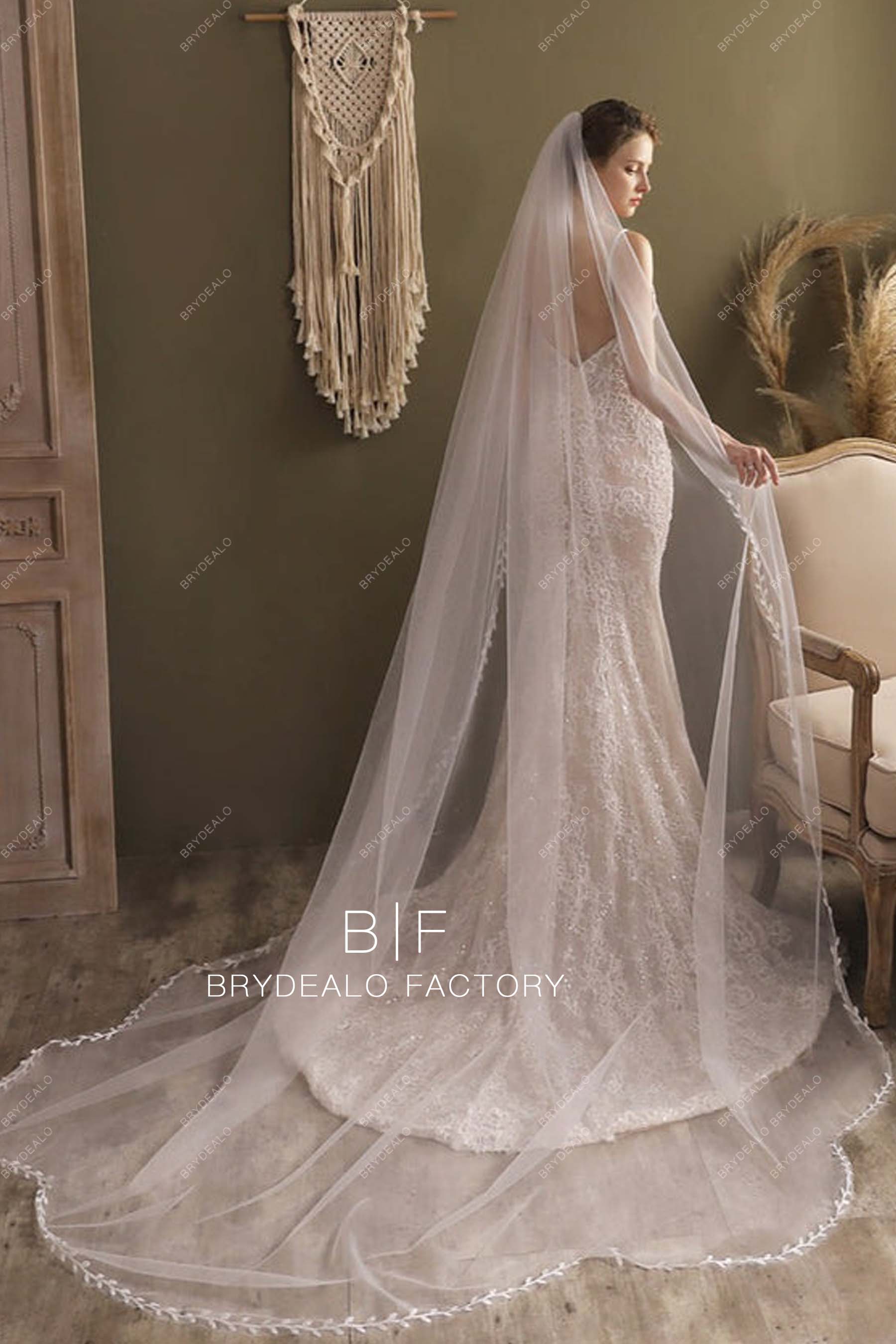 Leaf Motif Lace Cutout Edge Bridal Veil Cathedral Length Wedding Veil