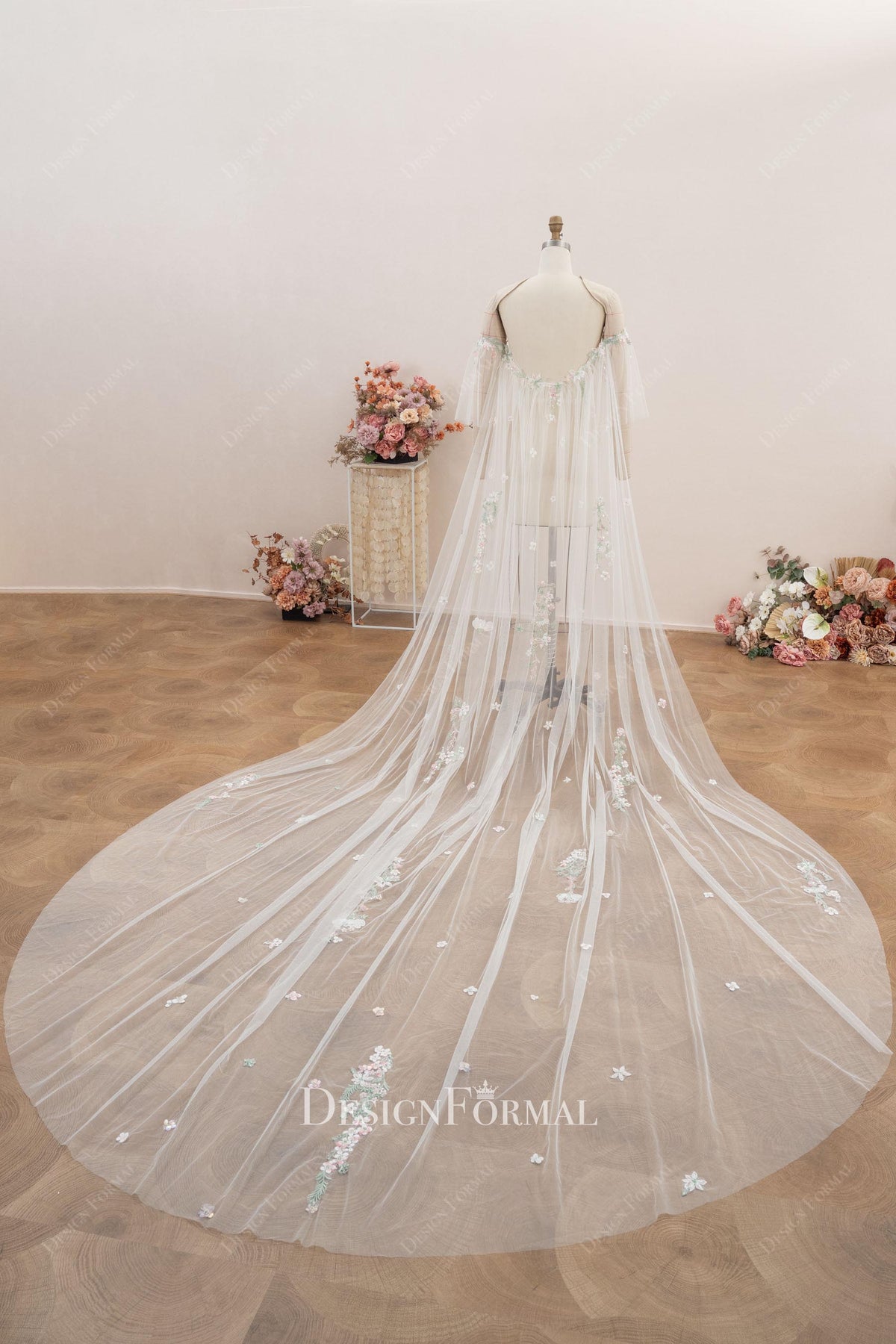 cathedral length bridal floral cape