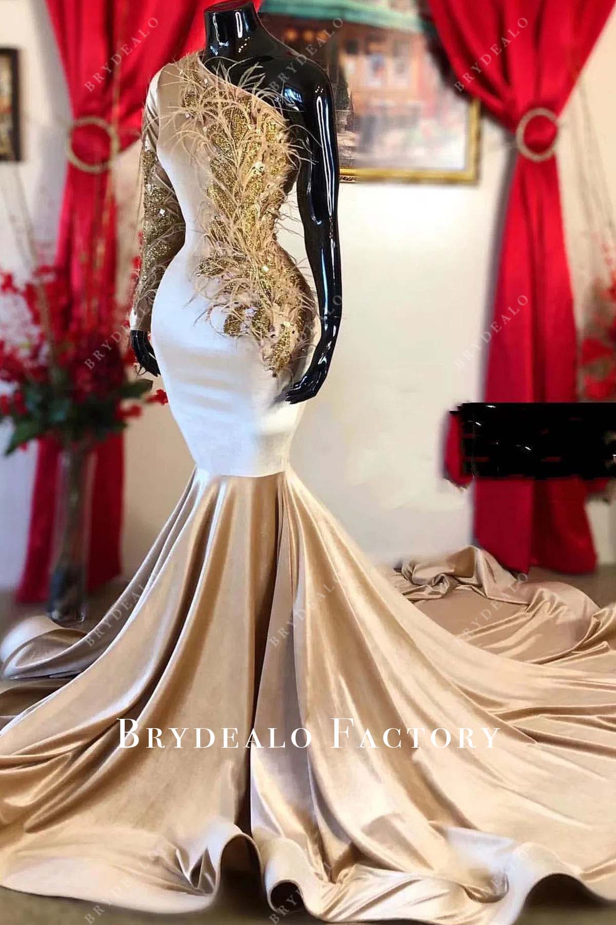 champagne one sleeve prom dress