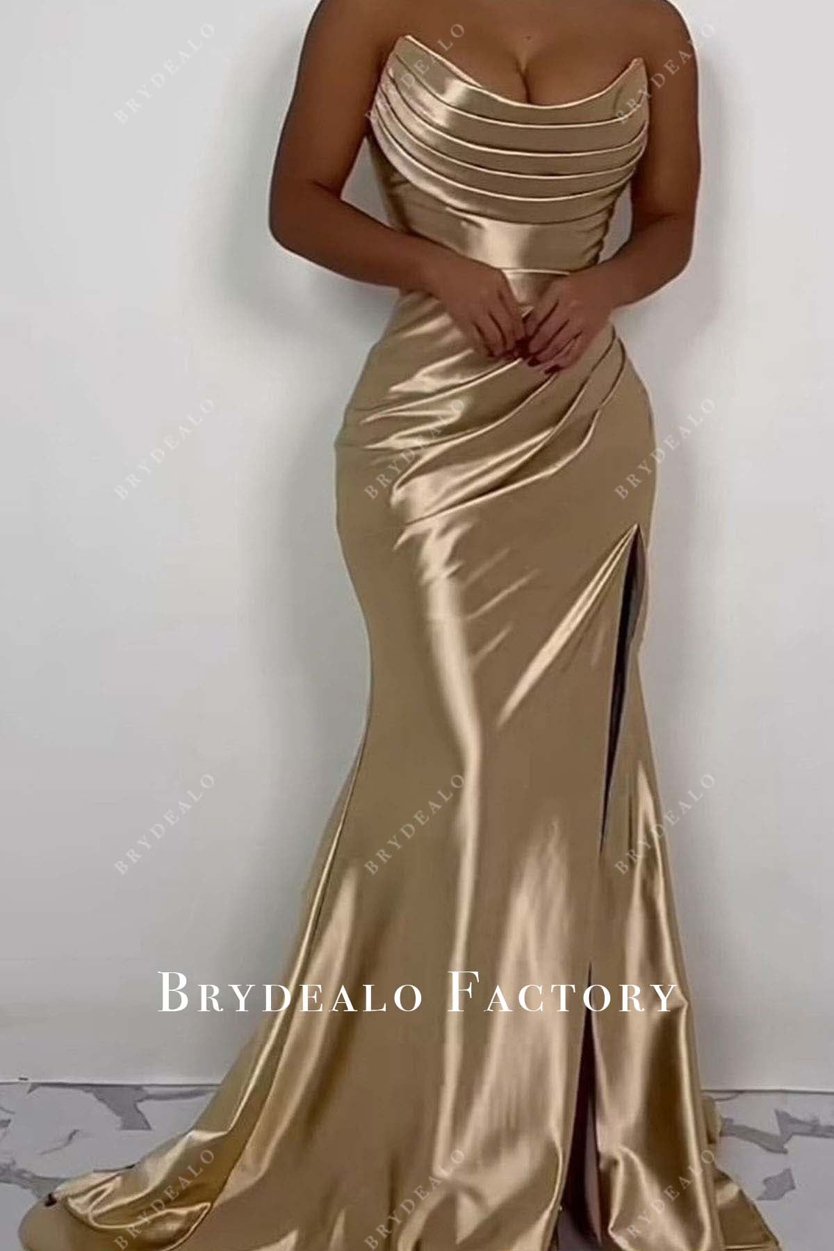 champagne scoop neck slit prom dress